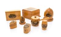 Eight Mauchline Ware Sewing Caddies and Thimble Cases Width of largest 5 1/4 inches.