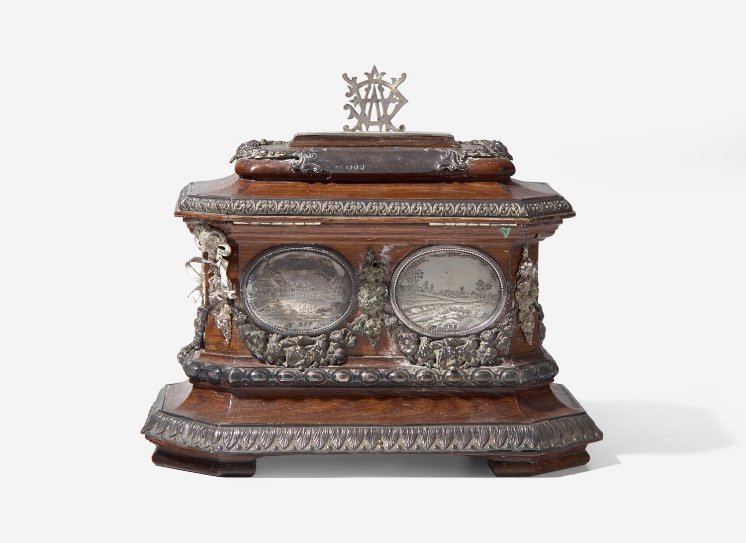 An English Engraved Silver-Mounted Presentation Tea Caddy