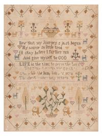 Four English Needlework Embroidered Pictorial Schoolgirl's Samplers