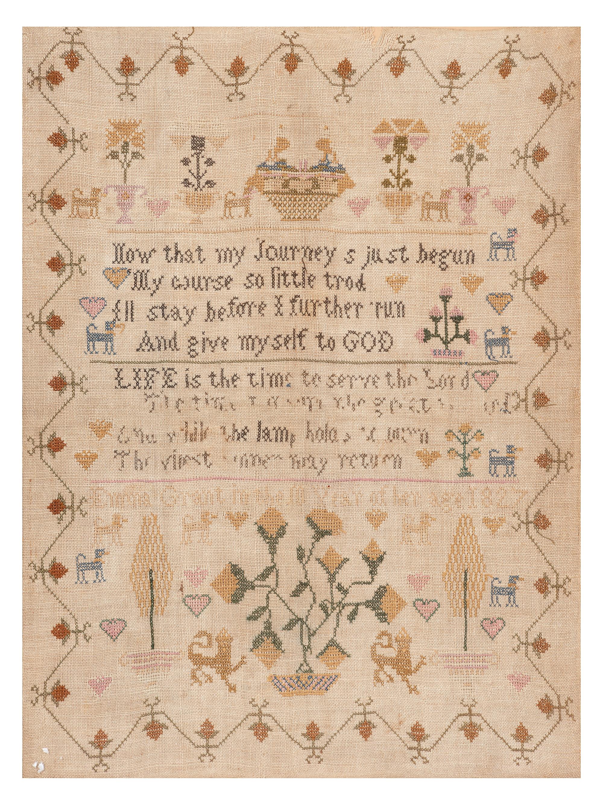 Four English Needlework Embroidered Pictorial Schoolgirl's Samplers