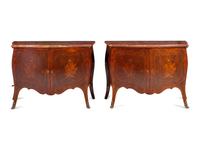 A Pair of Louis XV Style Marquetry and Burlwood Veneered Marble-Top Bombe Commodes