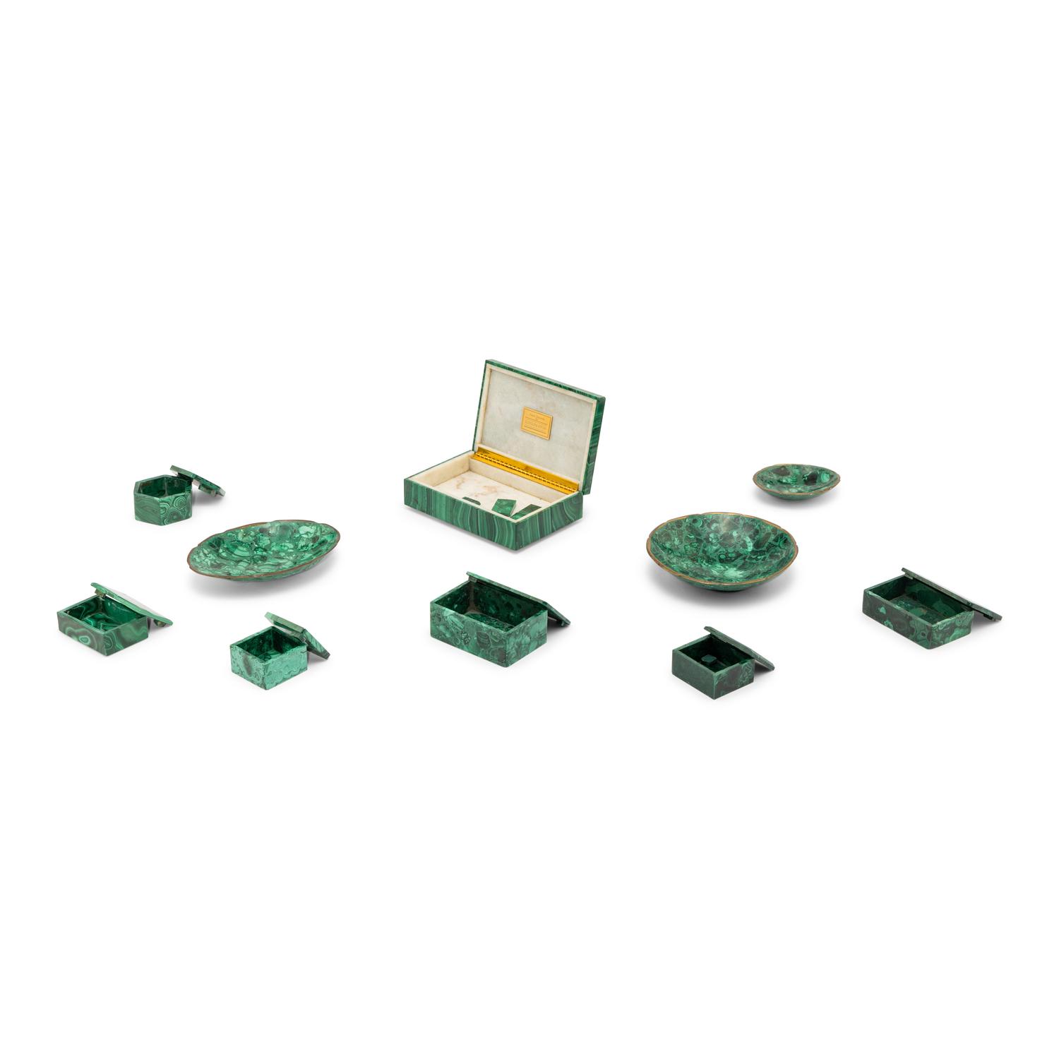 A Group of Ten Malachite Veneered Table Articles