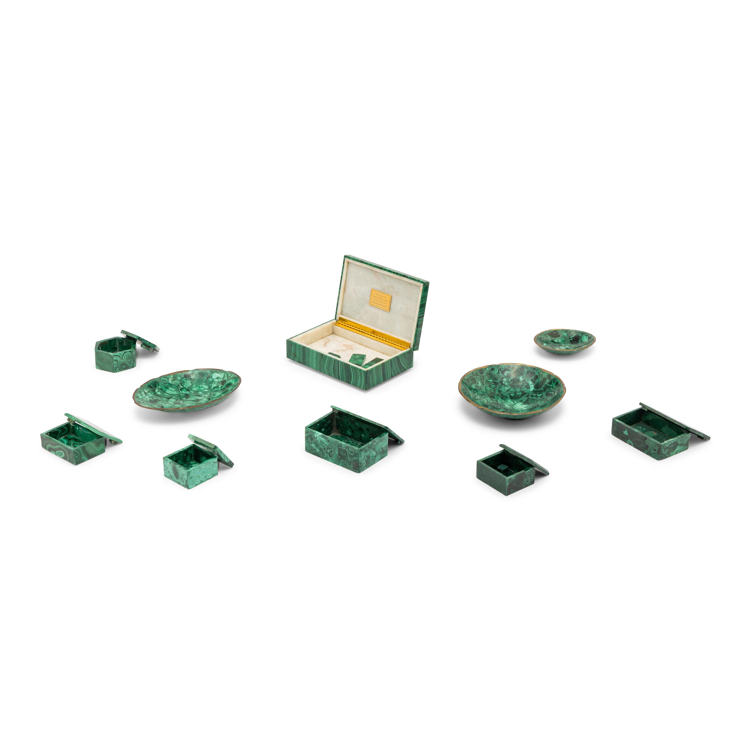 A Group of Ten Malachite Veneered Table Articles