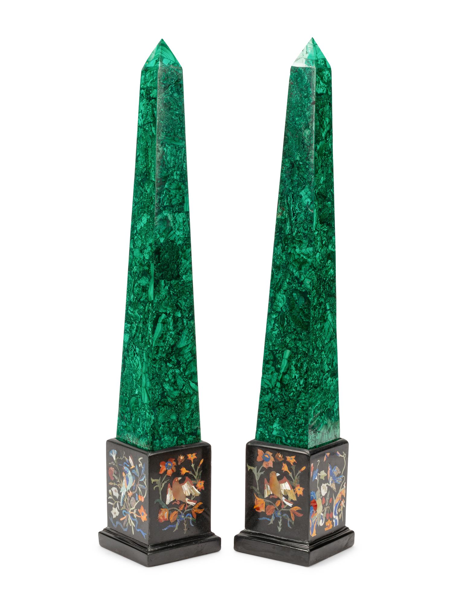 A Pair of Malachite Veneered Obelisks on Specimen Marble Bases