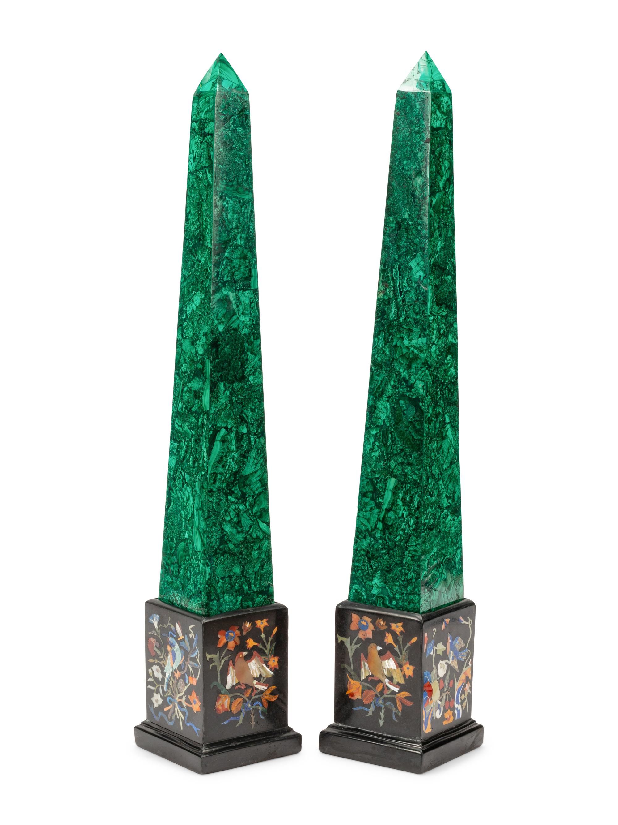 A Pair of Malachite Veneered Obelisks on Specimen Marble Bases