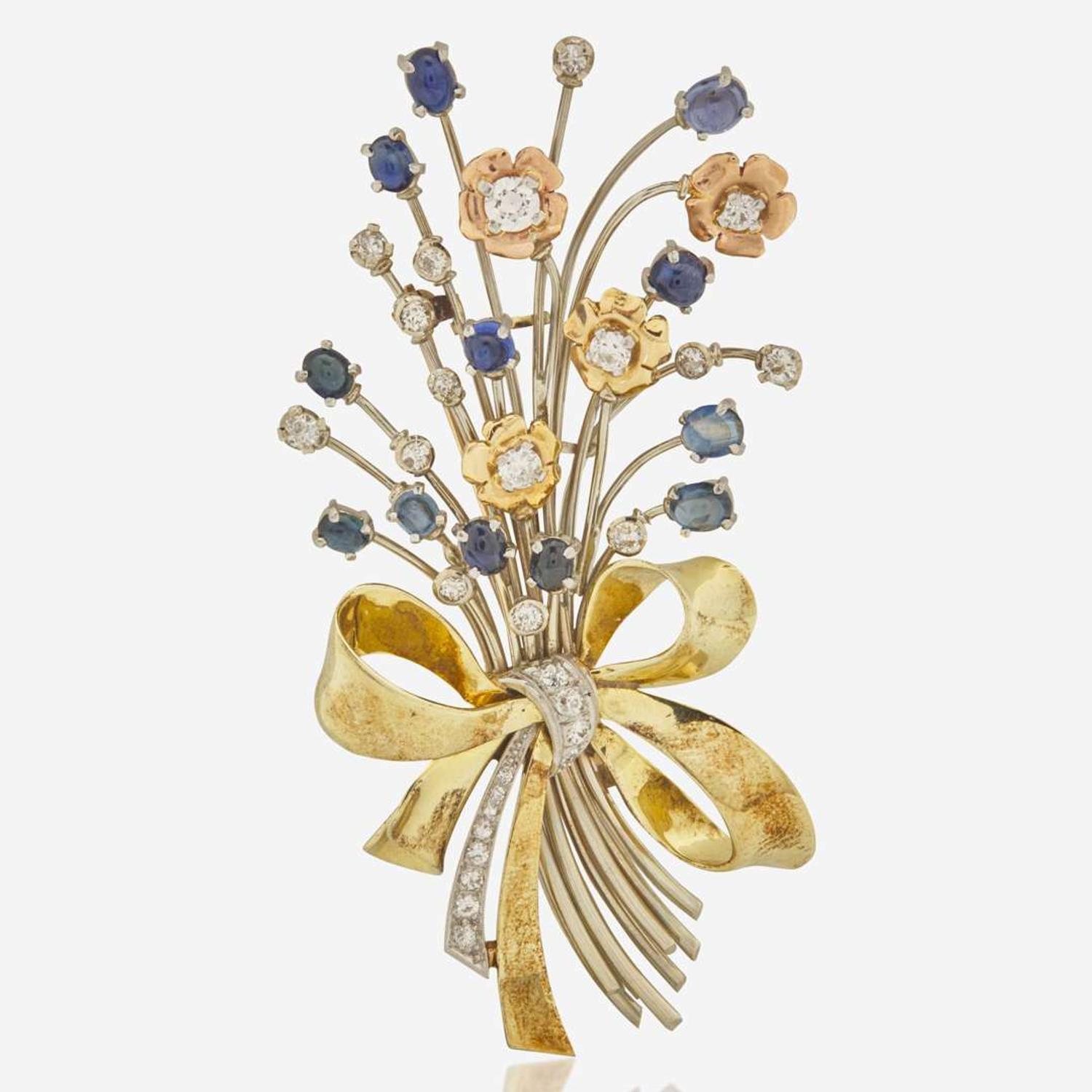A 14K Gold, Diamond, and Sapphire Brooch
