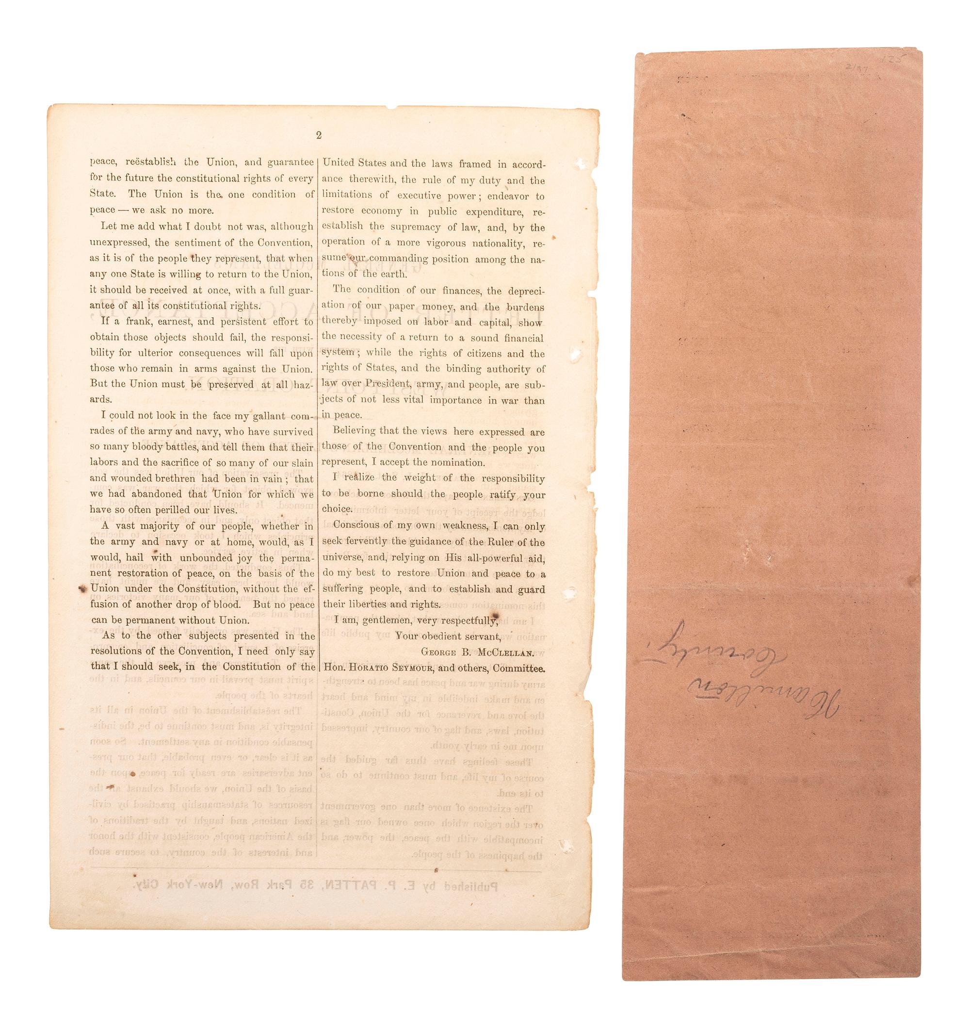 [McCLELLAN, George B. (1826-1885)]. A group of covers, pamphlets, a ballot, and broadsheet related to General McClellan's 1864 presidential campaign.