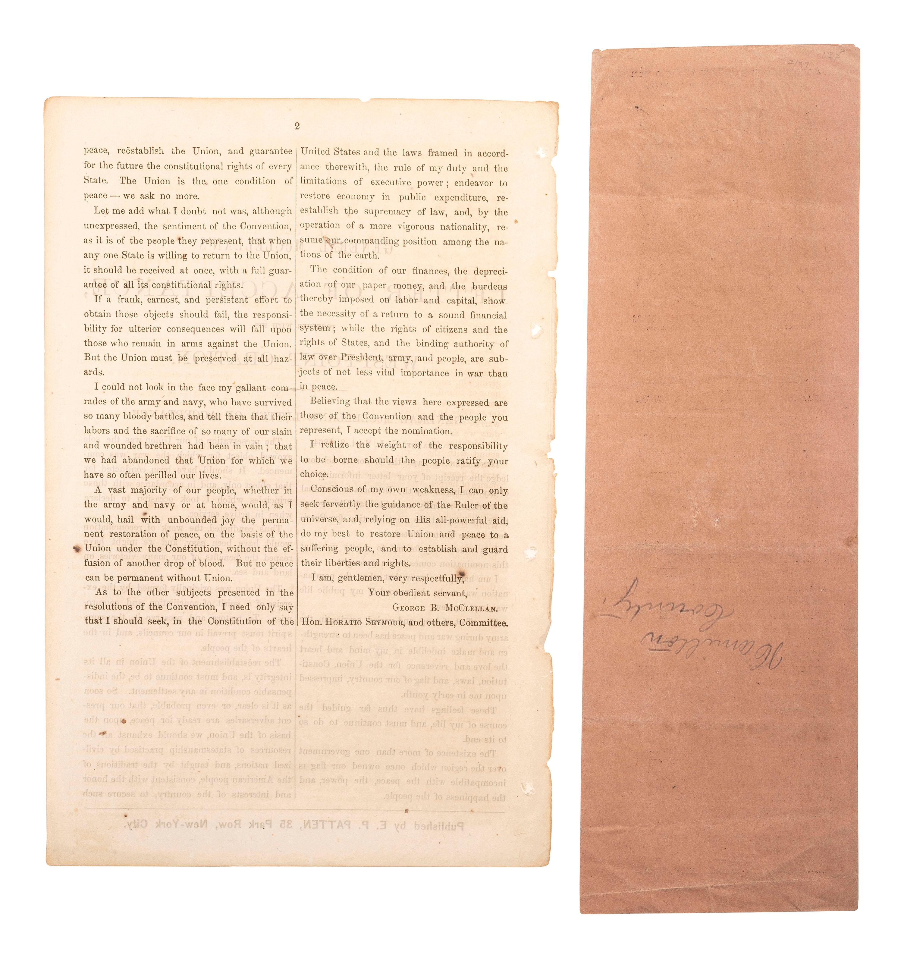 [McCLELLAN, George B. (1826-1885)]. A group of covers, pamphlets, a ballot, and broadsheet related to General McClellan's 1864 presidential campaign.