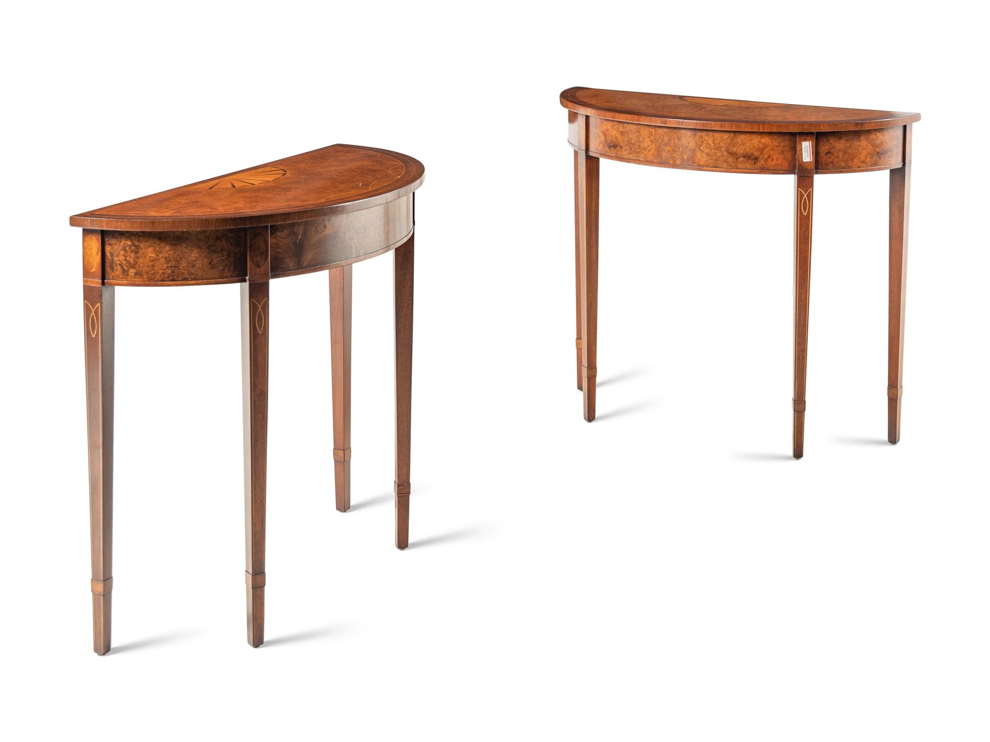 A Pair of George III Style Burl Walnut Console Tables