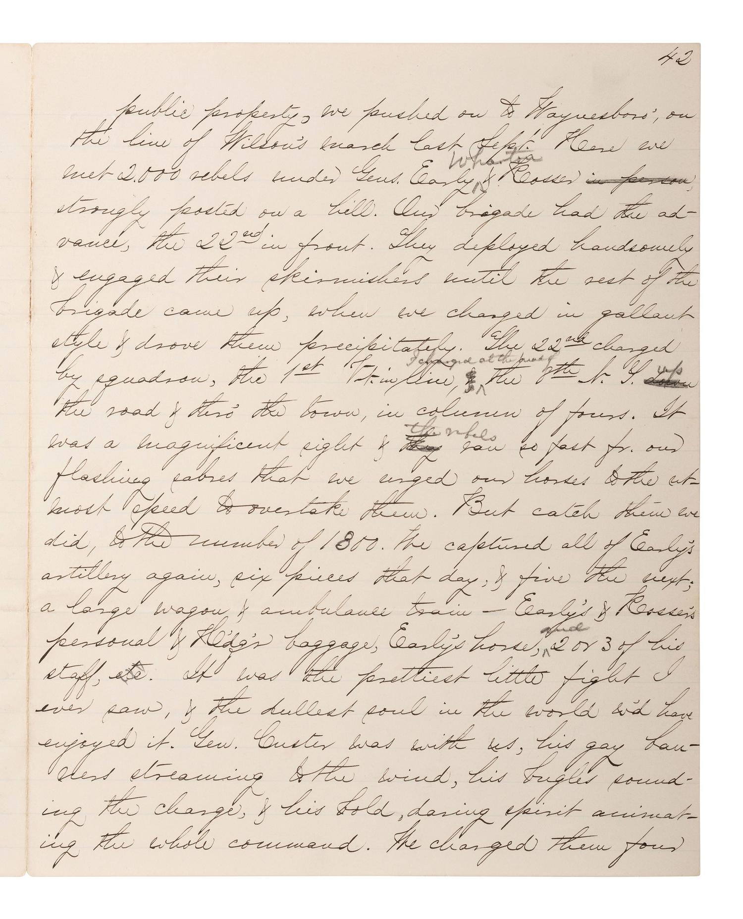 [CIVIL WAR - CUSTER, George A.]. Manuscript documenting the wartime experiences of Major Harlan Page Lloyd, 22nd New York Cavalry and 24th New York Light Artillery, aid to Custer during the Shenandoah Campaign.