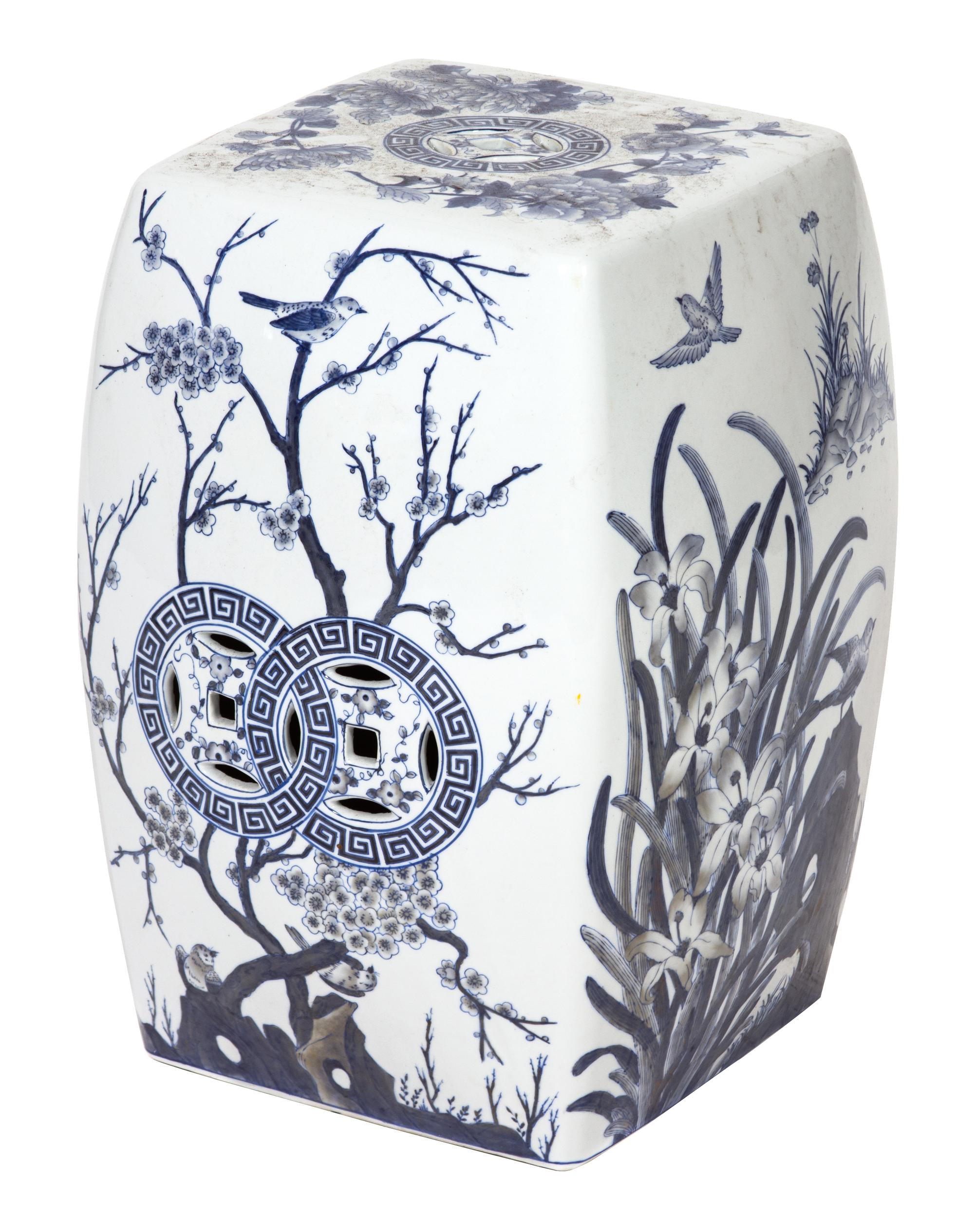 A Chinese Style Blue and White Porcelain Garden Seat Height 20 x diameter 13 square inches. — 20TH CENTURY
