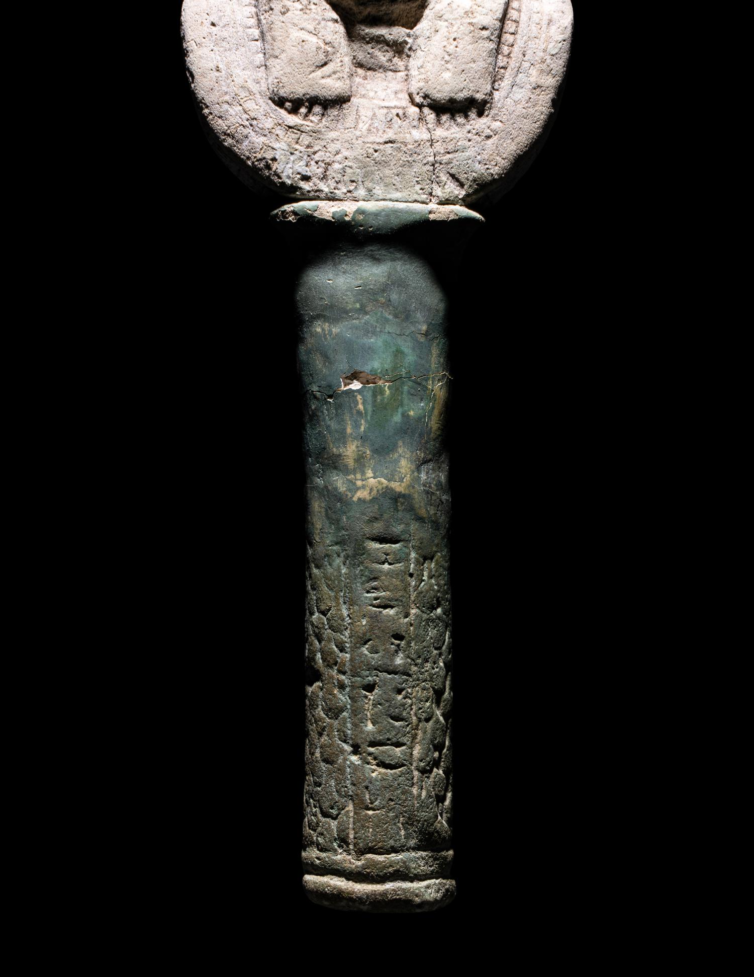 An Egyptian Faience Sistrum Handle with Hathor