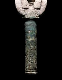 An Egyptian Faience Sistrum Handle with Hathor