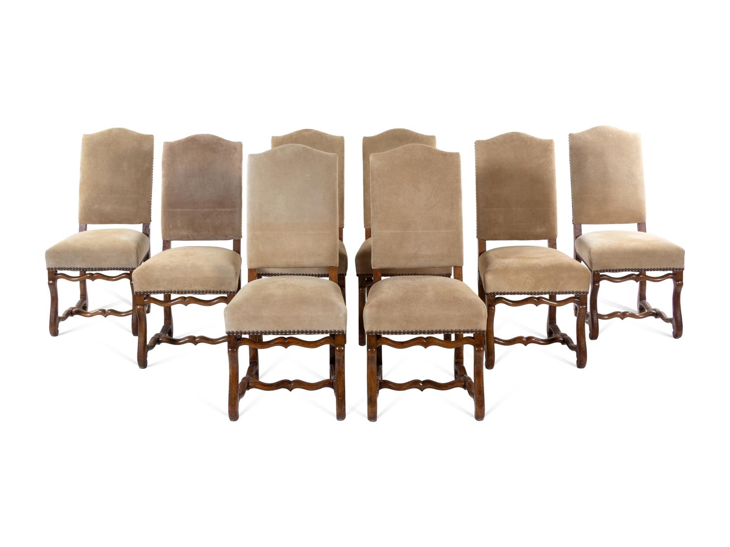 A Set of Eight Louis XIV Style Suede-Upholstered Walnut Dining Chairs
