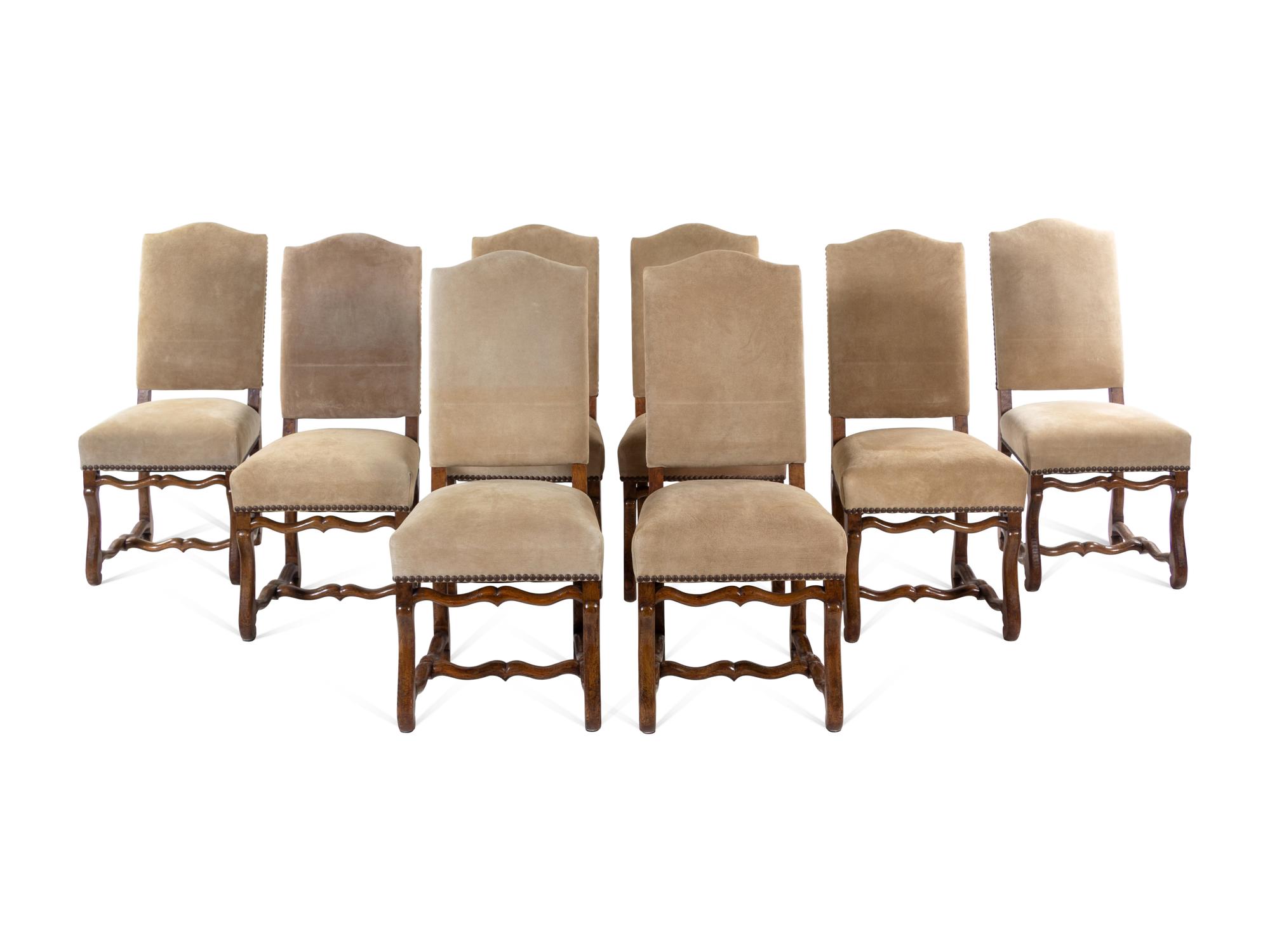 A Set of Eight Louis XIV Style Suede-Upholstered Walnut Dining Chairs