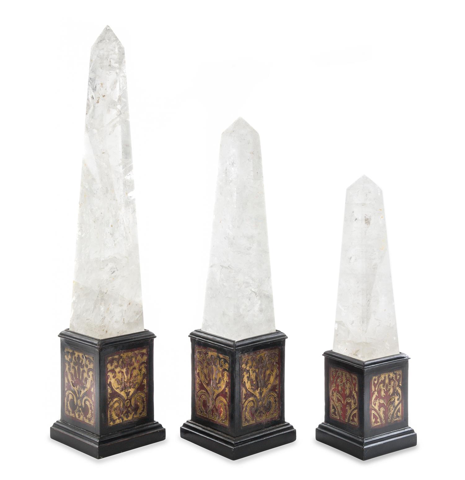 A Set of Three Graduated Rock Crystal and Boulle Marquetry Obelisks Height of tallest 26 1/2 inches. — 20TH CENTURY