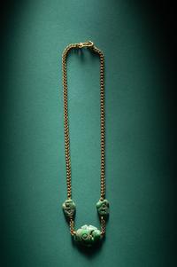 Three Maya Jade Parrot Pendants — Strung on a gold necklace