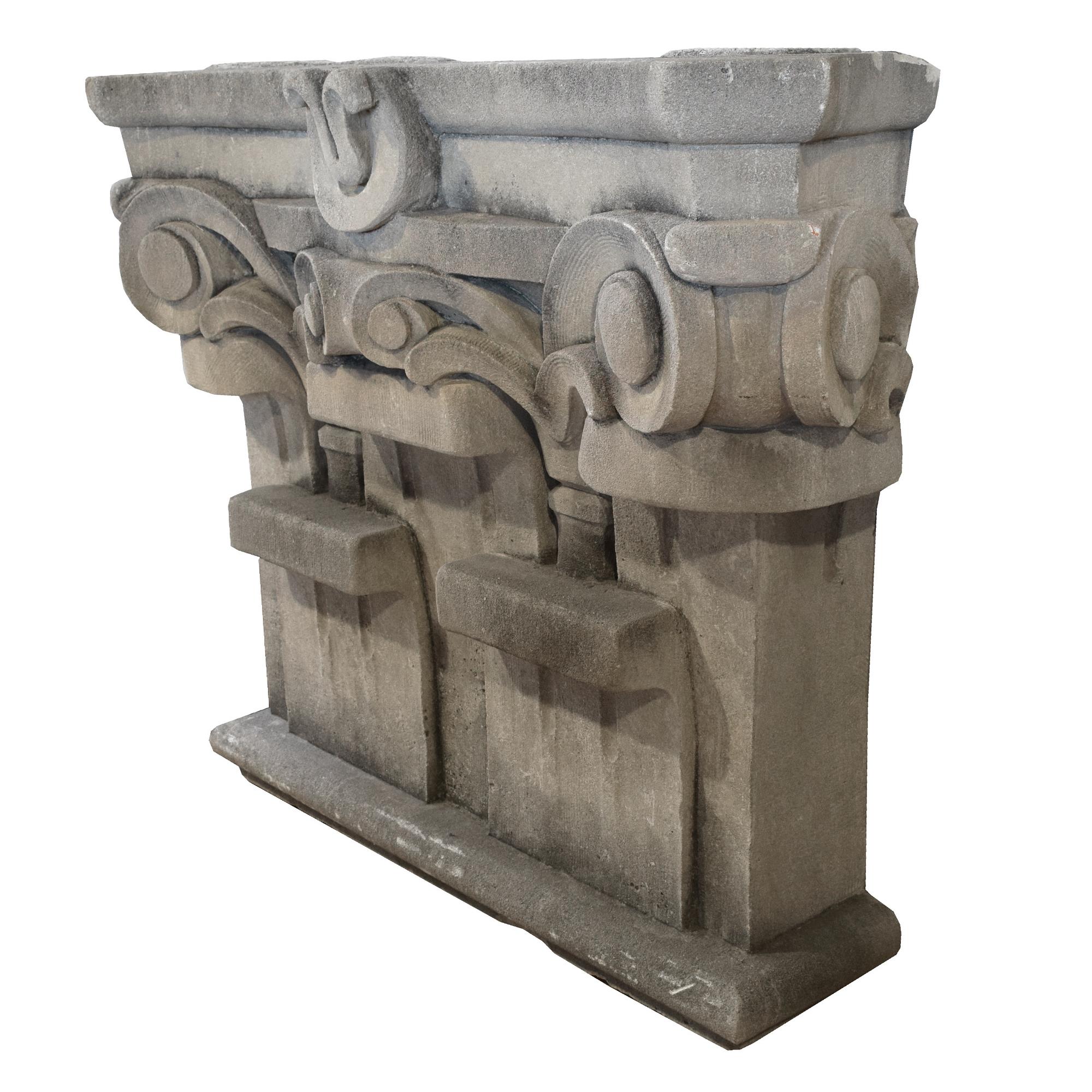 A Pair of Limestone Pilaster Capitals from the Chicago Mercantile Exchange Building 46" W x 14" D x 37.5" H — United States, Circa 1927