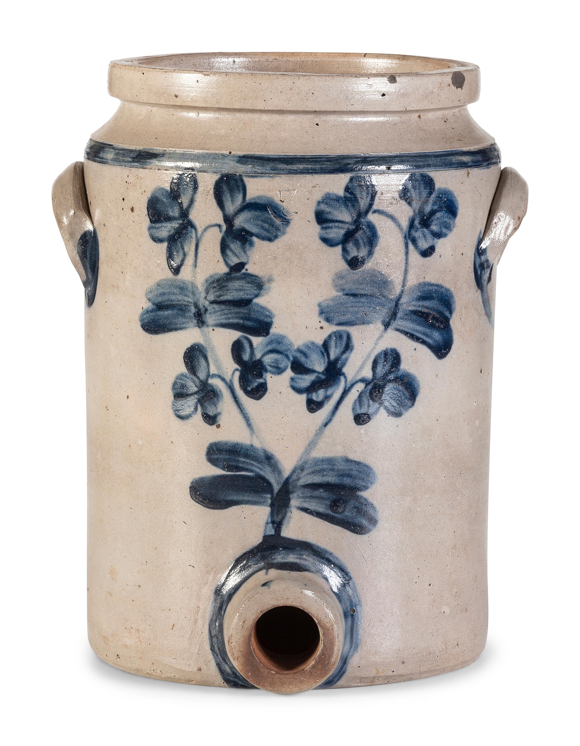A Cobalt Decorated Stoneware Three-Gallon Water Cooler
