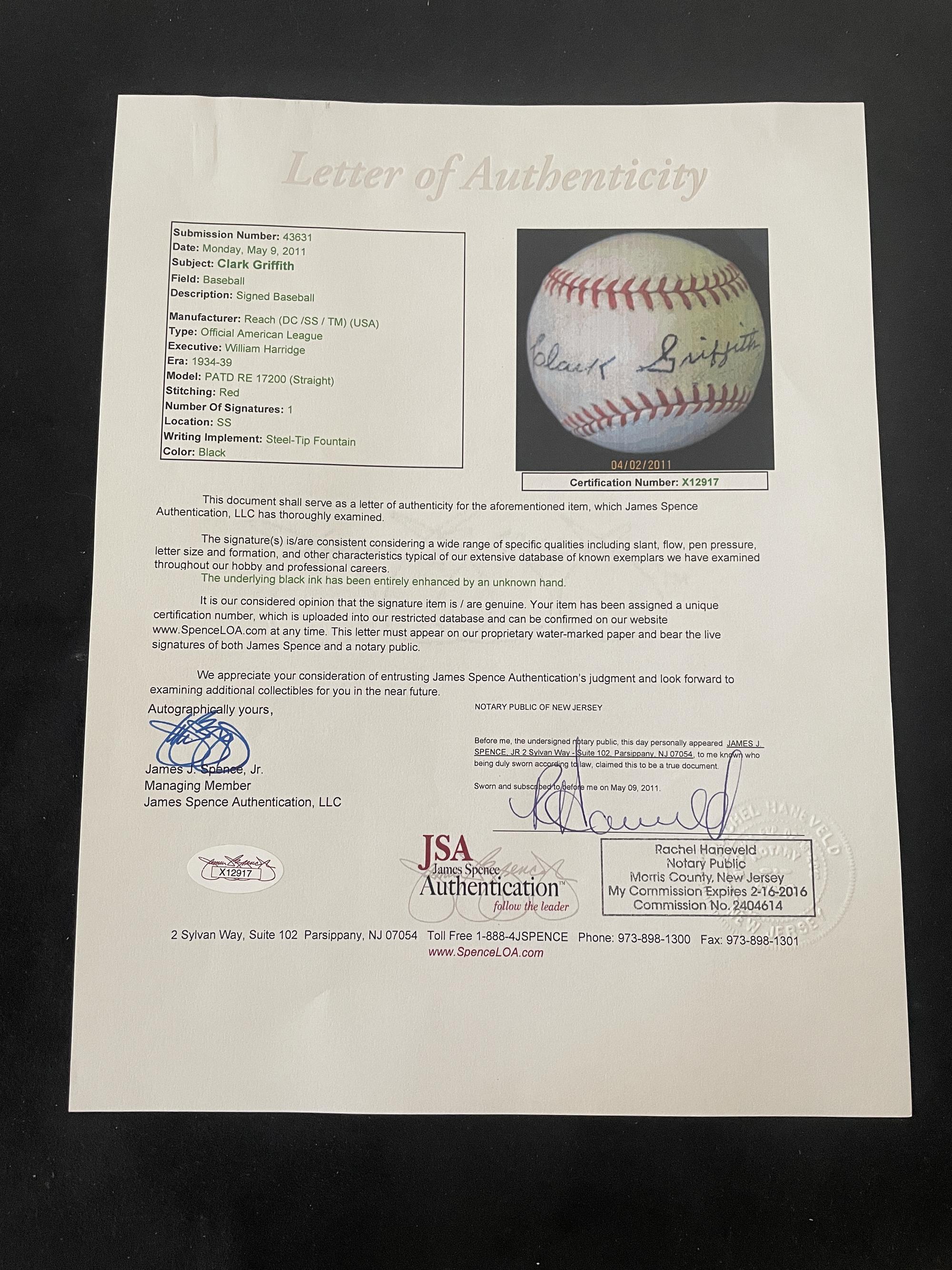A Clark Griffith Signed Autograph Baseball - Traced (JSA Letter)