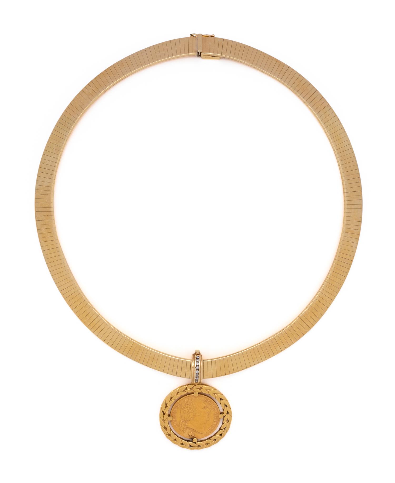 YELLOW GOLD, COIN AND DIAMOND PENDANT/NECKLACE