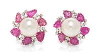 A Pair of 18 Karat White Gold, Cultured South Sea Pearl, Pink Sapphire and Diamond Earclips, 13.10 dwts.