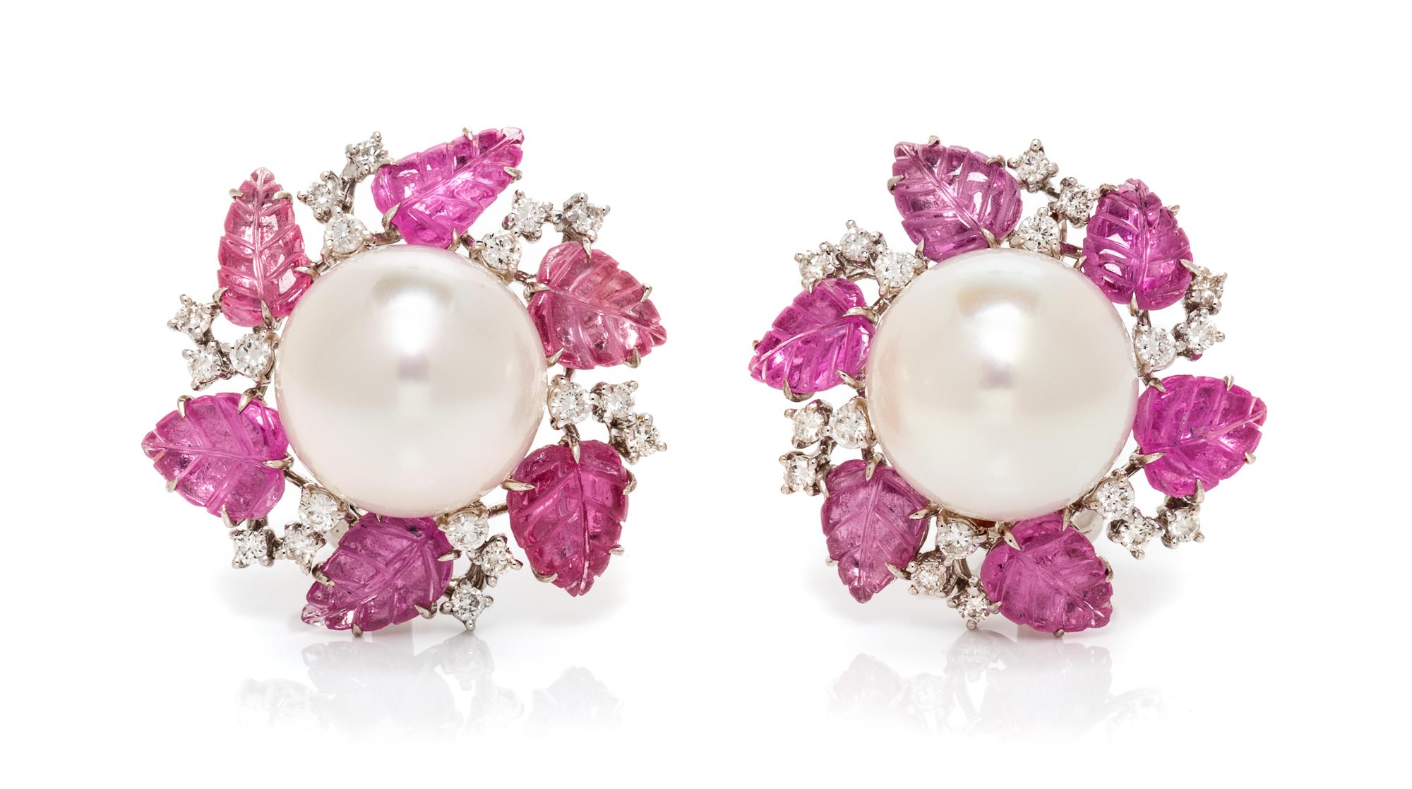 A Pair of 18 Karat White Gold, Cultured South Sea Pearl, Pink Sapphire and Diamond Earclips, 13.10 dwts.