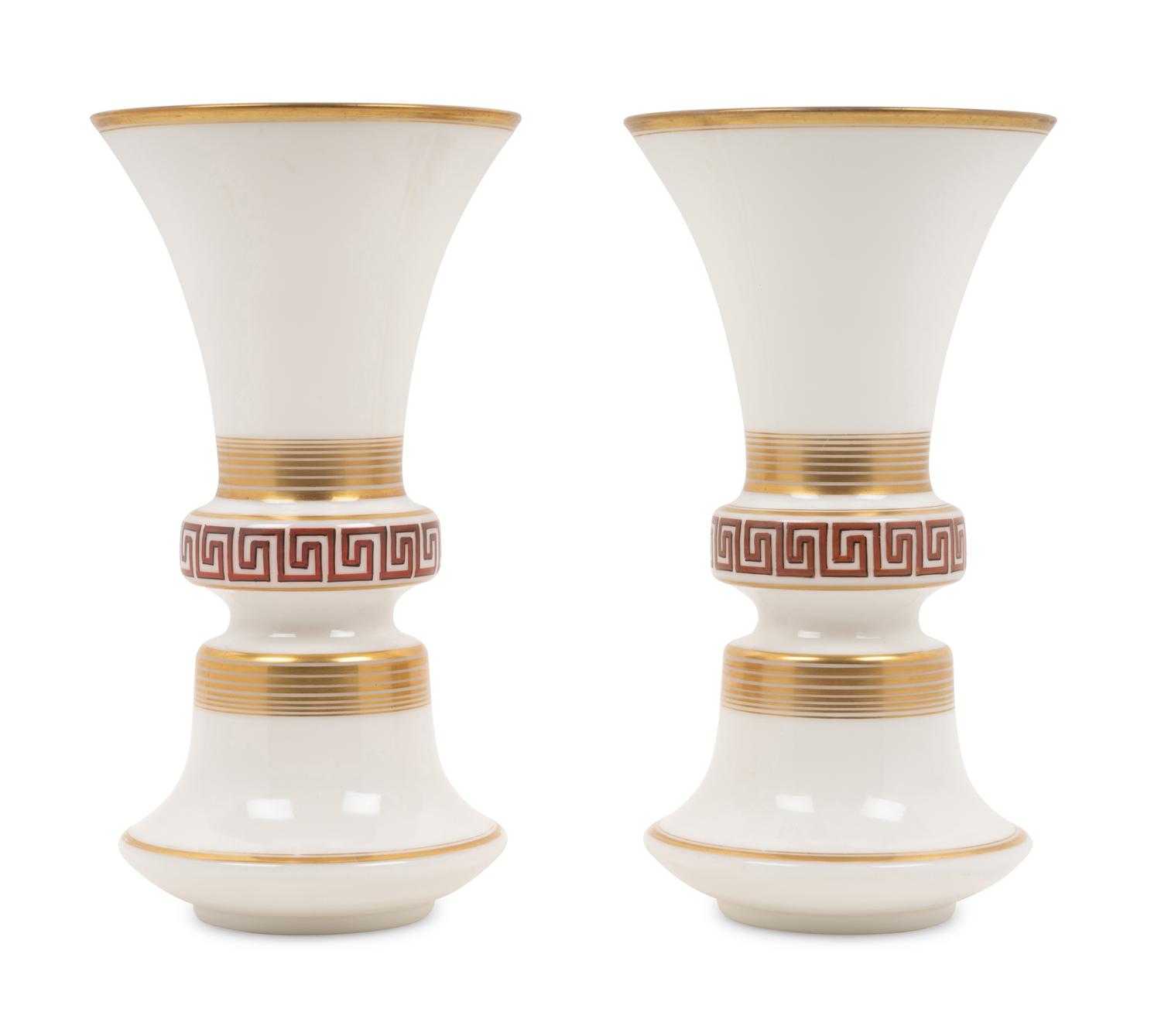 A Pair of French Gilt Banded Opaline Glass Vases