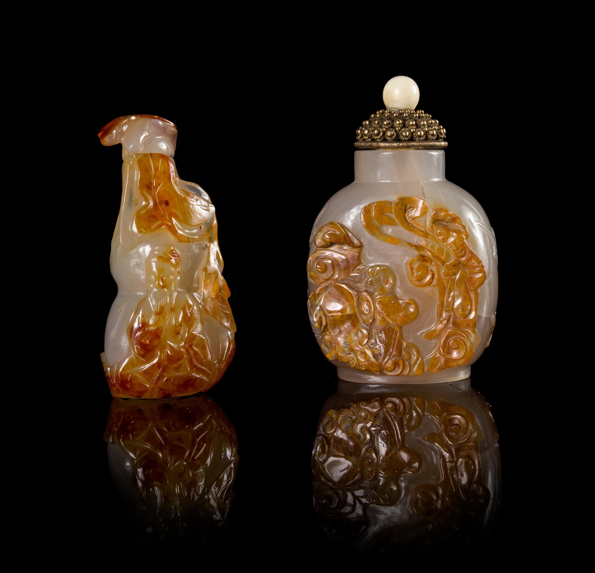 Two Carved Agate Snuff Bottles