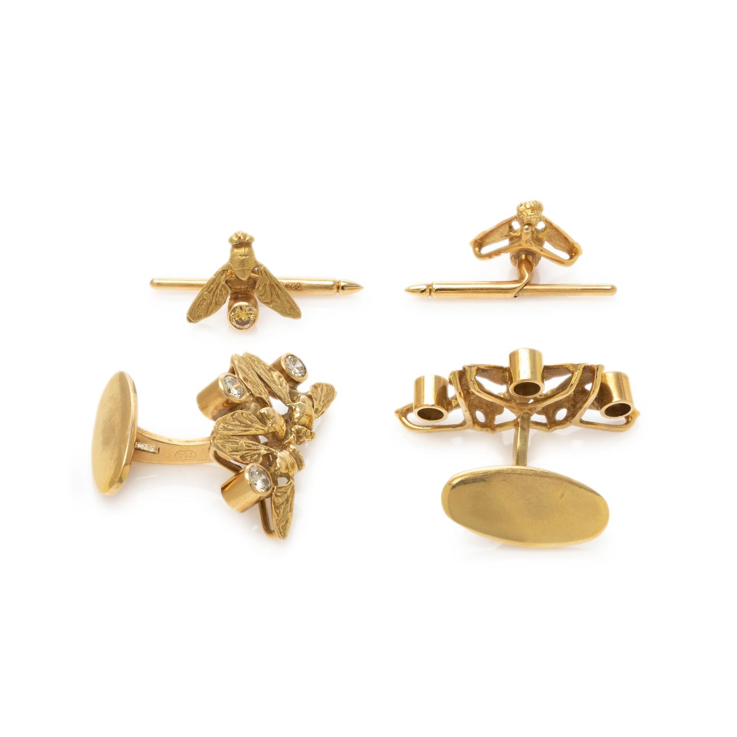 YELLOW GOLD, DIAMOND AND COLORED DIAMOND FLY MOTIF DRESS SET