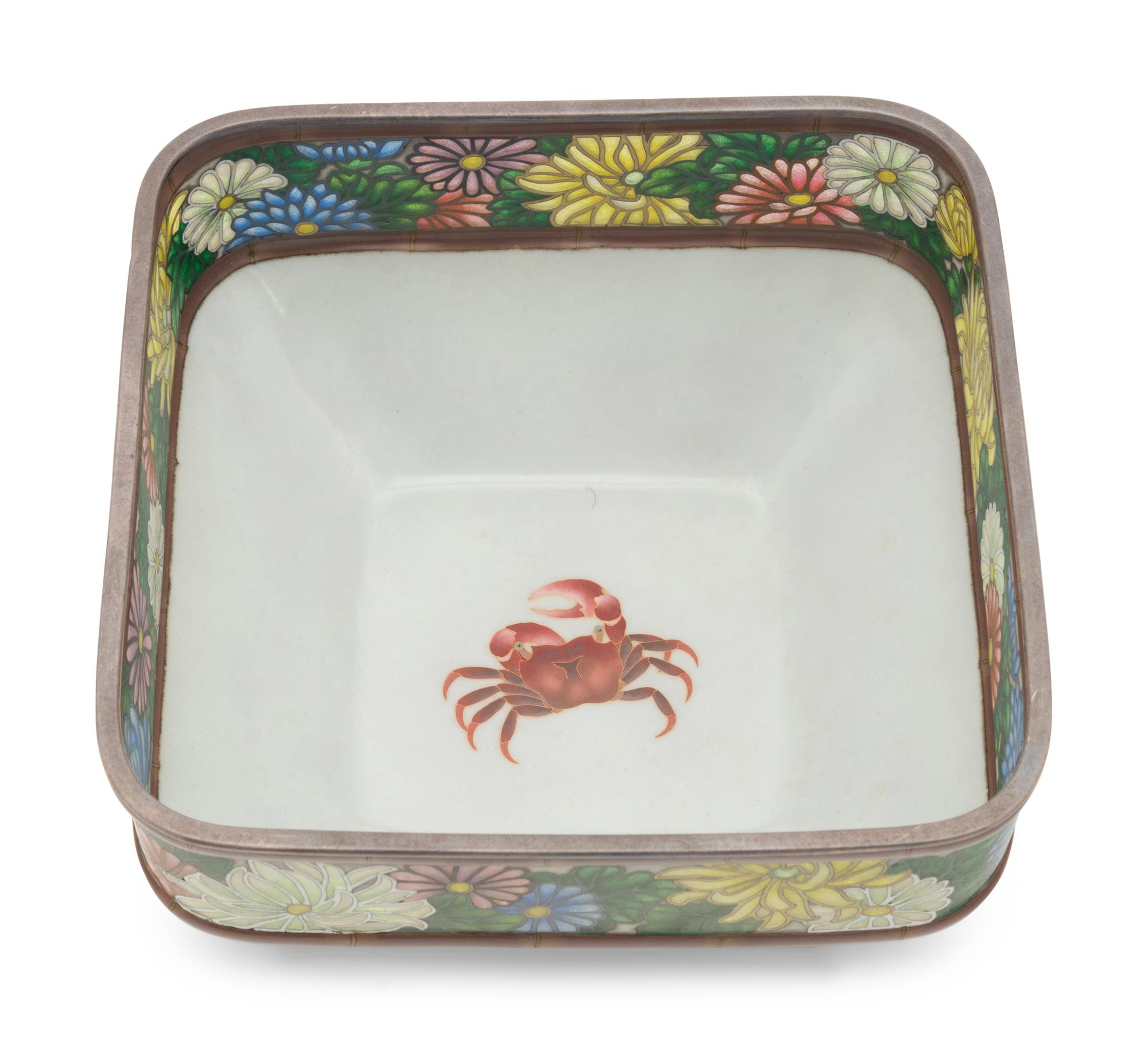 A Japanese Cloisonné-Enamel and Partial Plique-à-Jour Square Bowl