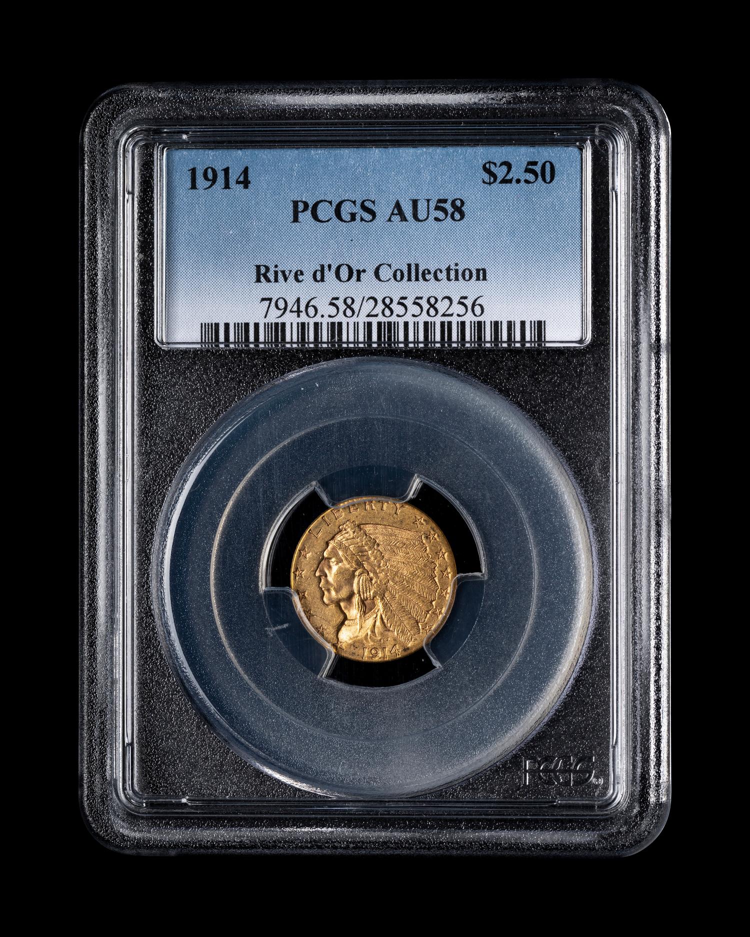 A 1914 Indian Head $2.50 Gold Coin (PCGS AU58)