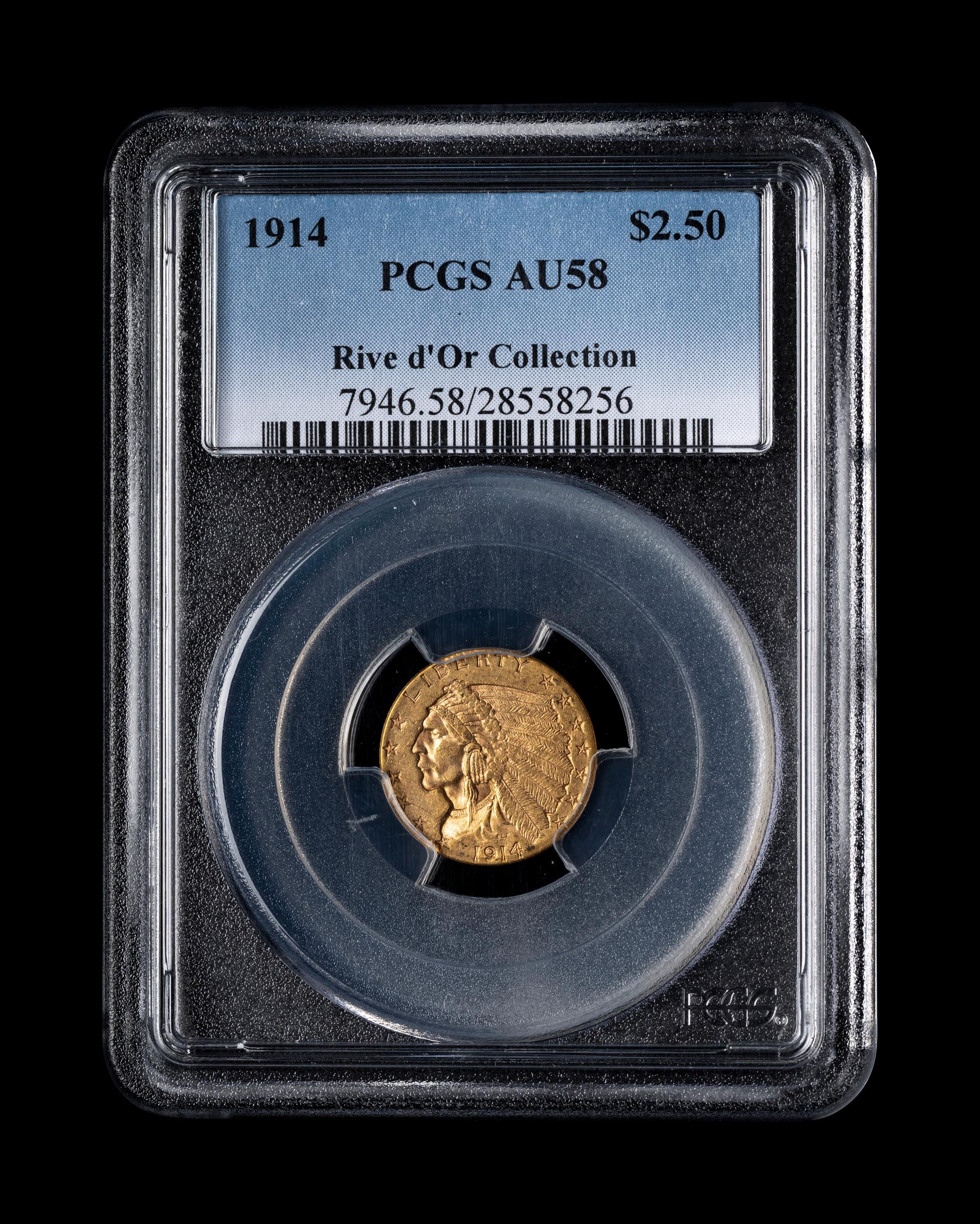 A 1914 Indian Head $2.50 Gold Coin (PCGS AU58)