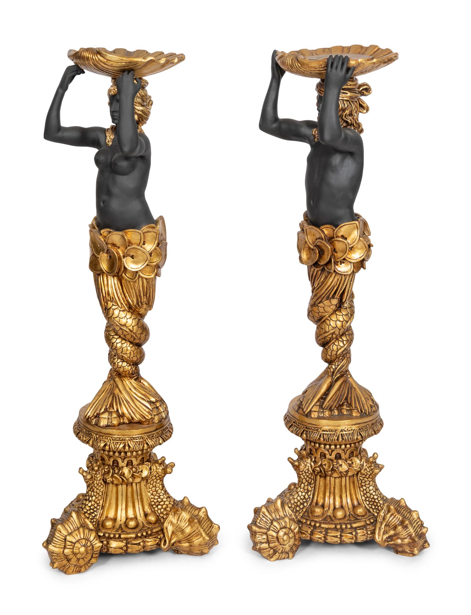 A Pair of Gilt and Black-Painted Torchère Figures of a Mermaid and Merman