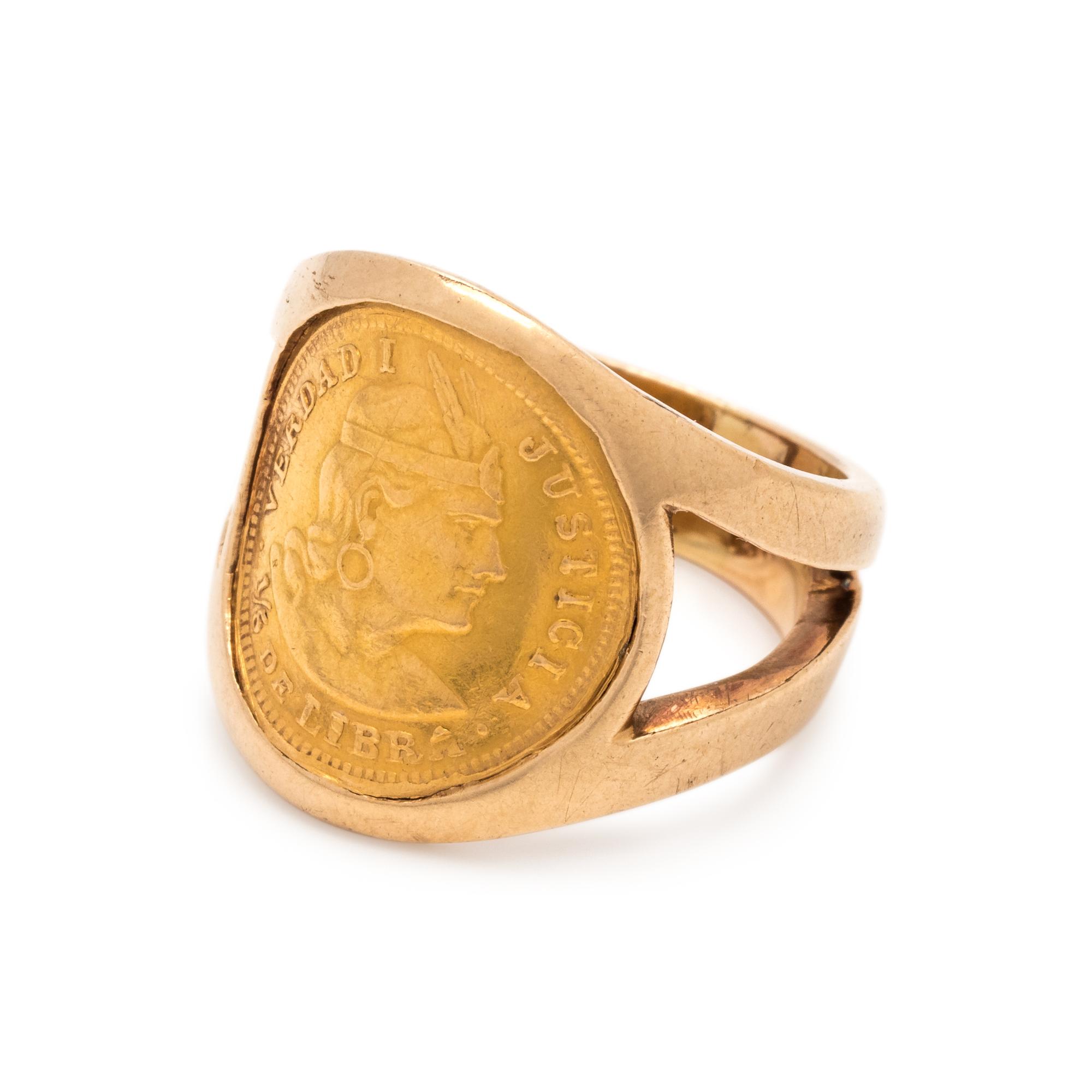 YELLOW GOLD AND PERUVIAN 1/5 LIBRA COIN RING