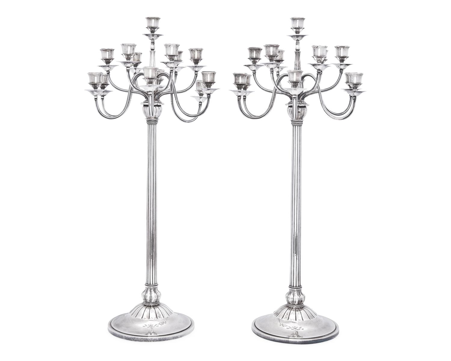 An Impressive Pair of Harald Nielsen Designed Georg Jensen Silver Thirteen-Light Candelabra