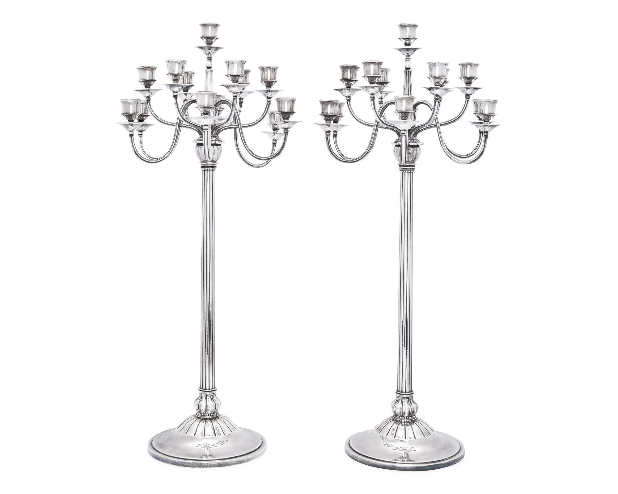 An Impressive Pair of Harald Nielsen Designed Georg Jensen Silver Thirteen-Light Candelabra