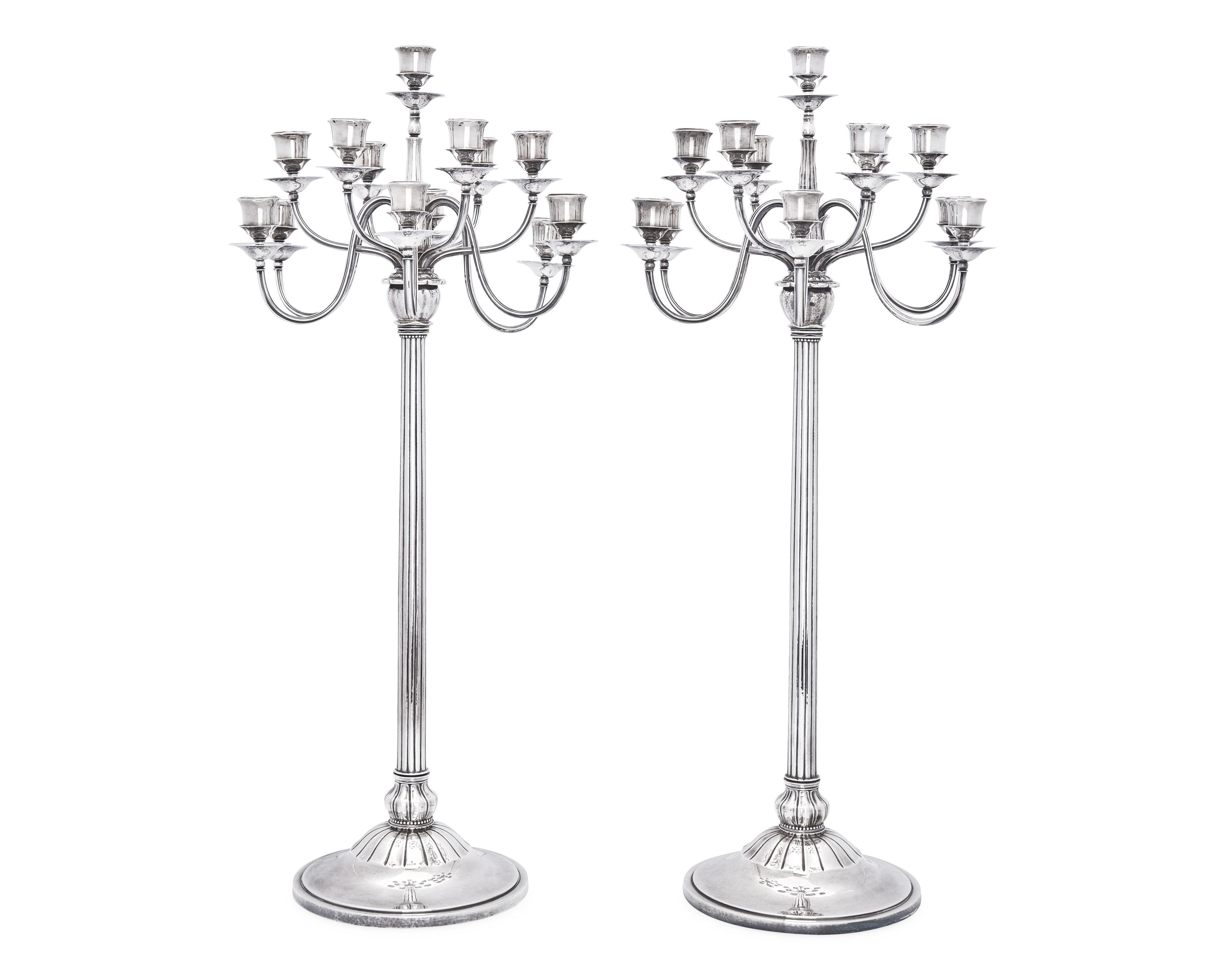 An Impressive Pair of Harald Nielsen Designed Georg Jensen Silver Thirteen-Light Candelabra