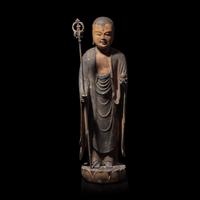 A Japanese Lacquered and Painted Wood Figure of Jizo Bosatsu, Edo Period or Earlier — 日本江戶或更早 木雕羅漢像