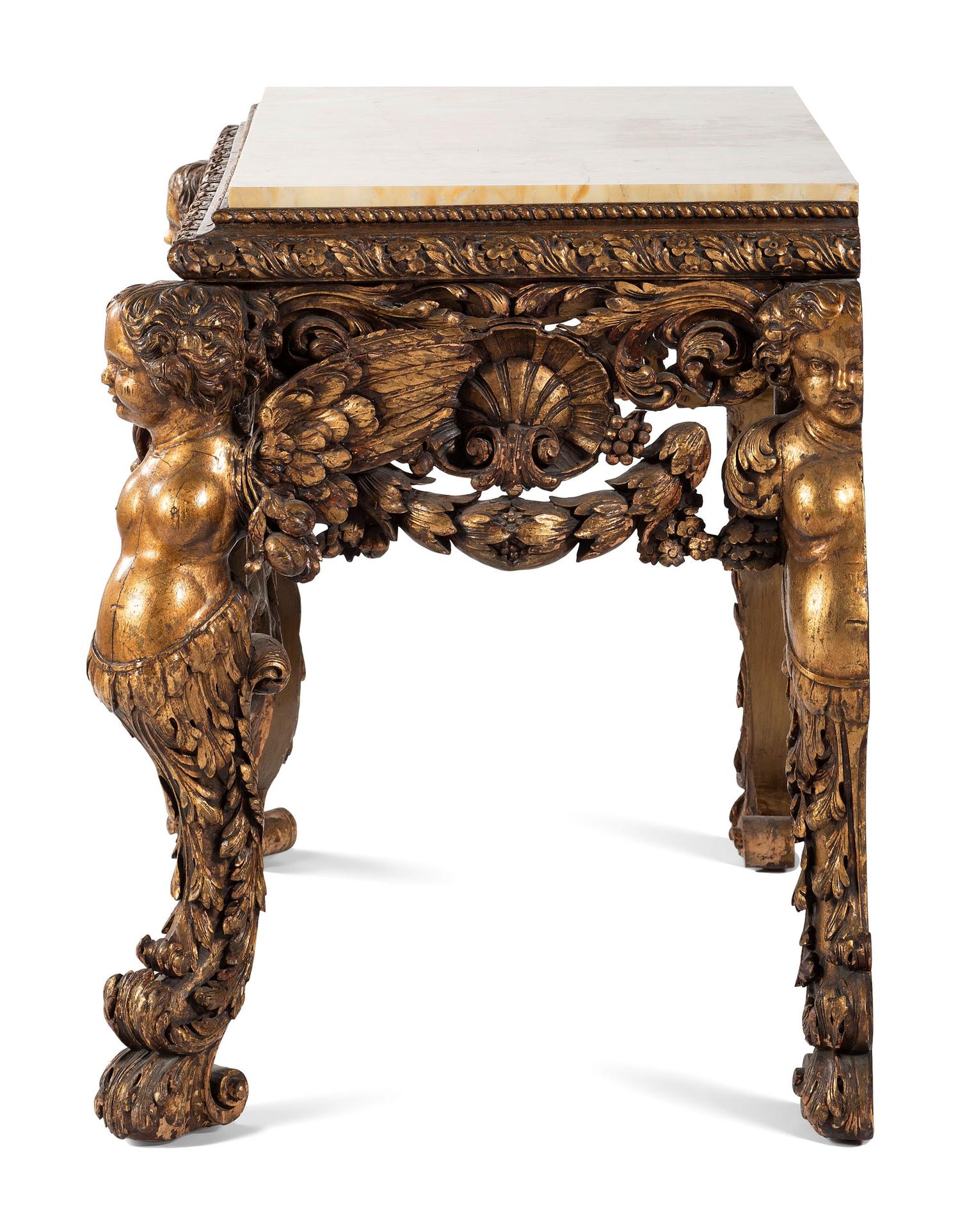 An Italian Baroque Style Carved Giltwood Marble-Top Console Table