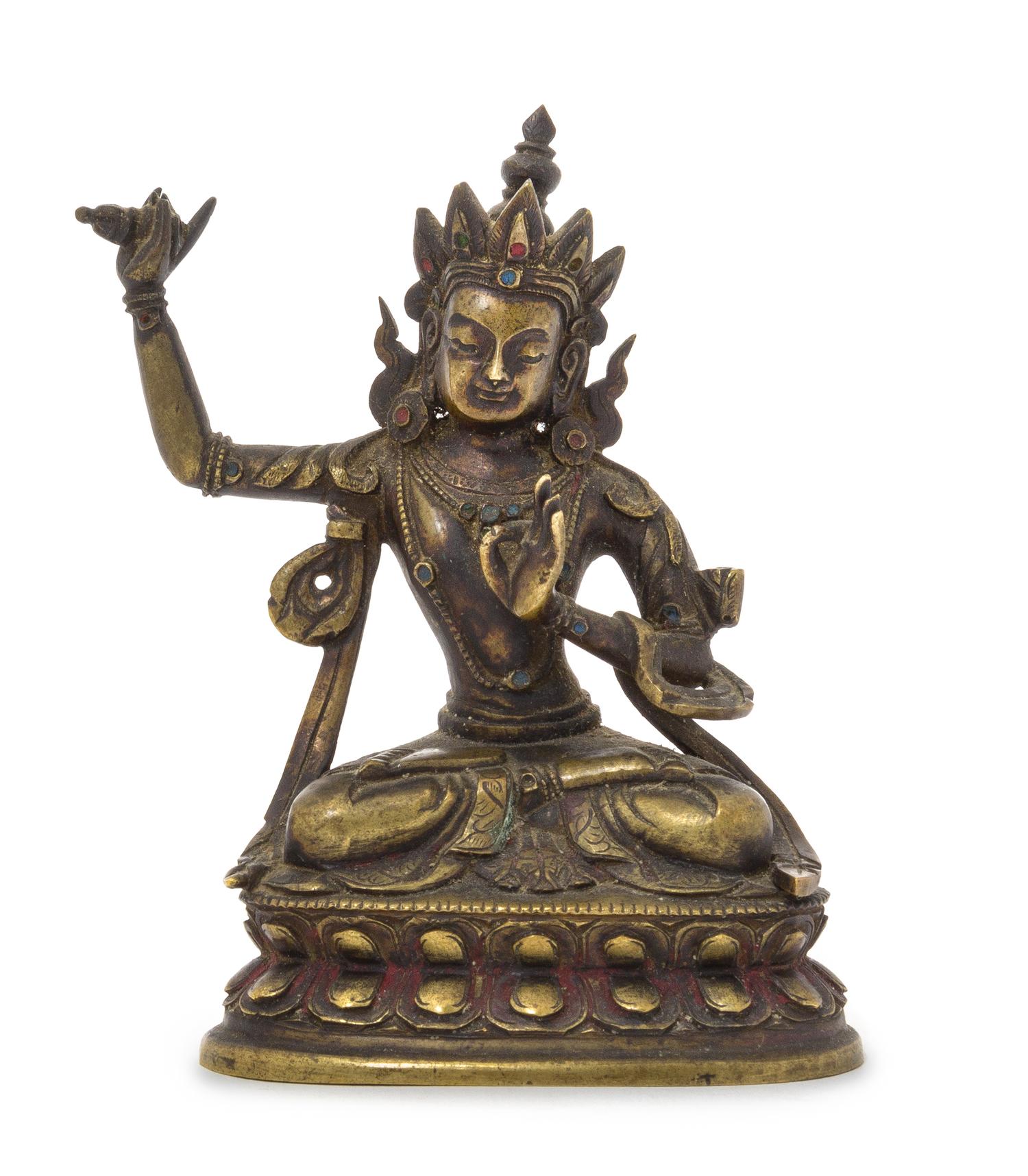A Sino-Tibetan Gilt Bronze Figure of Manjushri Height 4 1/8 inches.