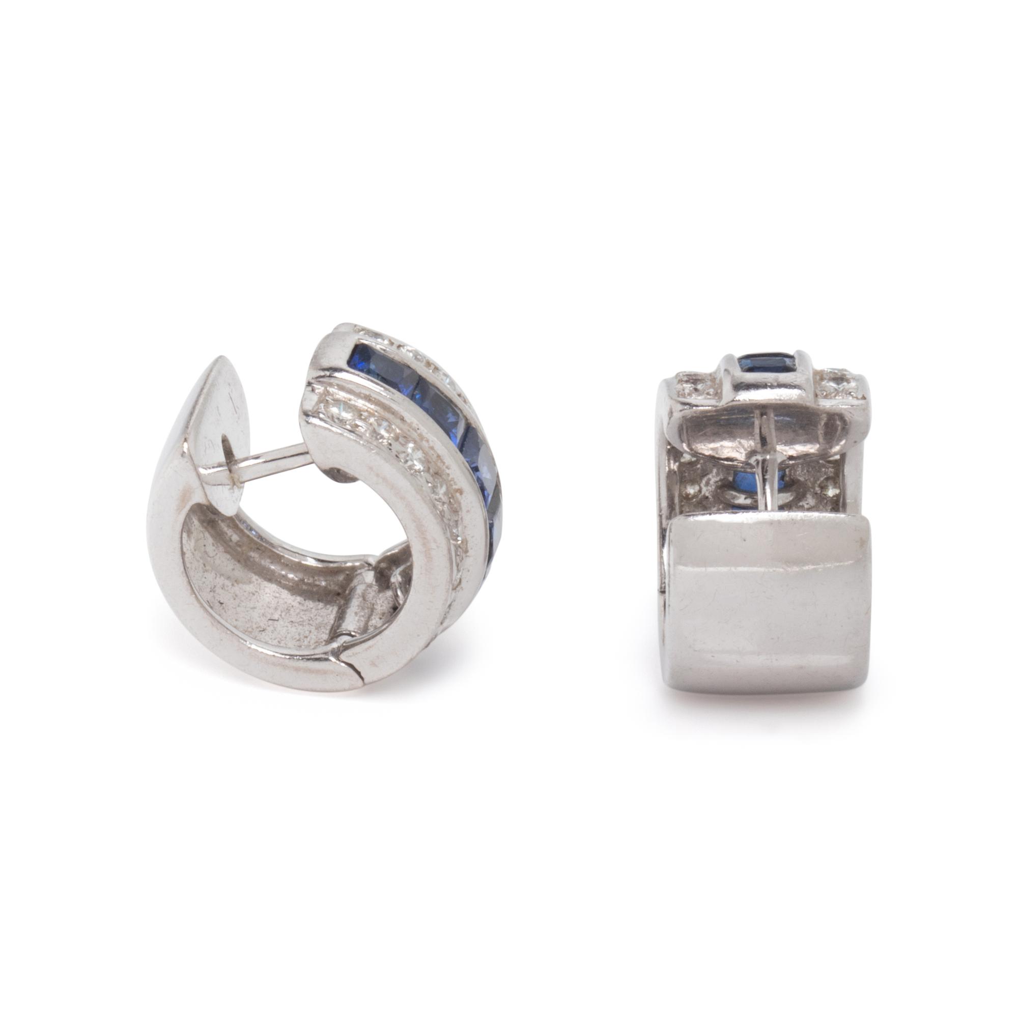 WHITE GOLD, DIAMOND, AND SAPPHIRE HUGGIE HOOP EARRINGS