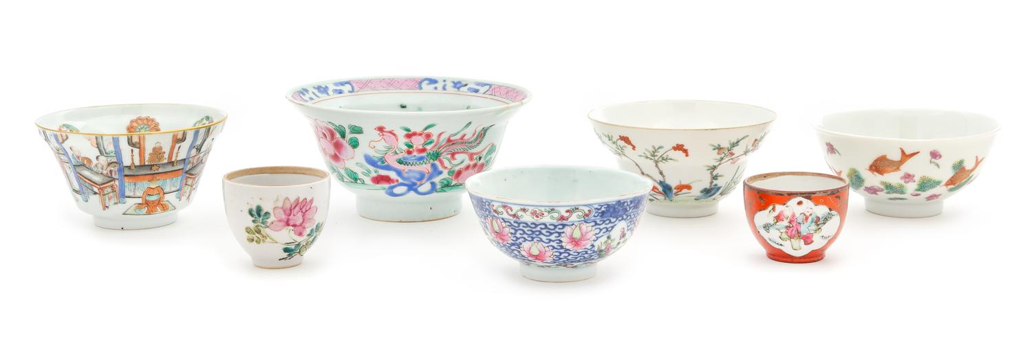 Seven Famille Rose Porcelain Bowls and Cups Diameter of largest 5 1/2 inches. — 19TH CENTURY