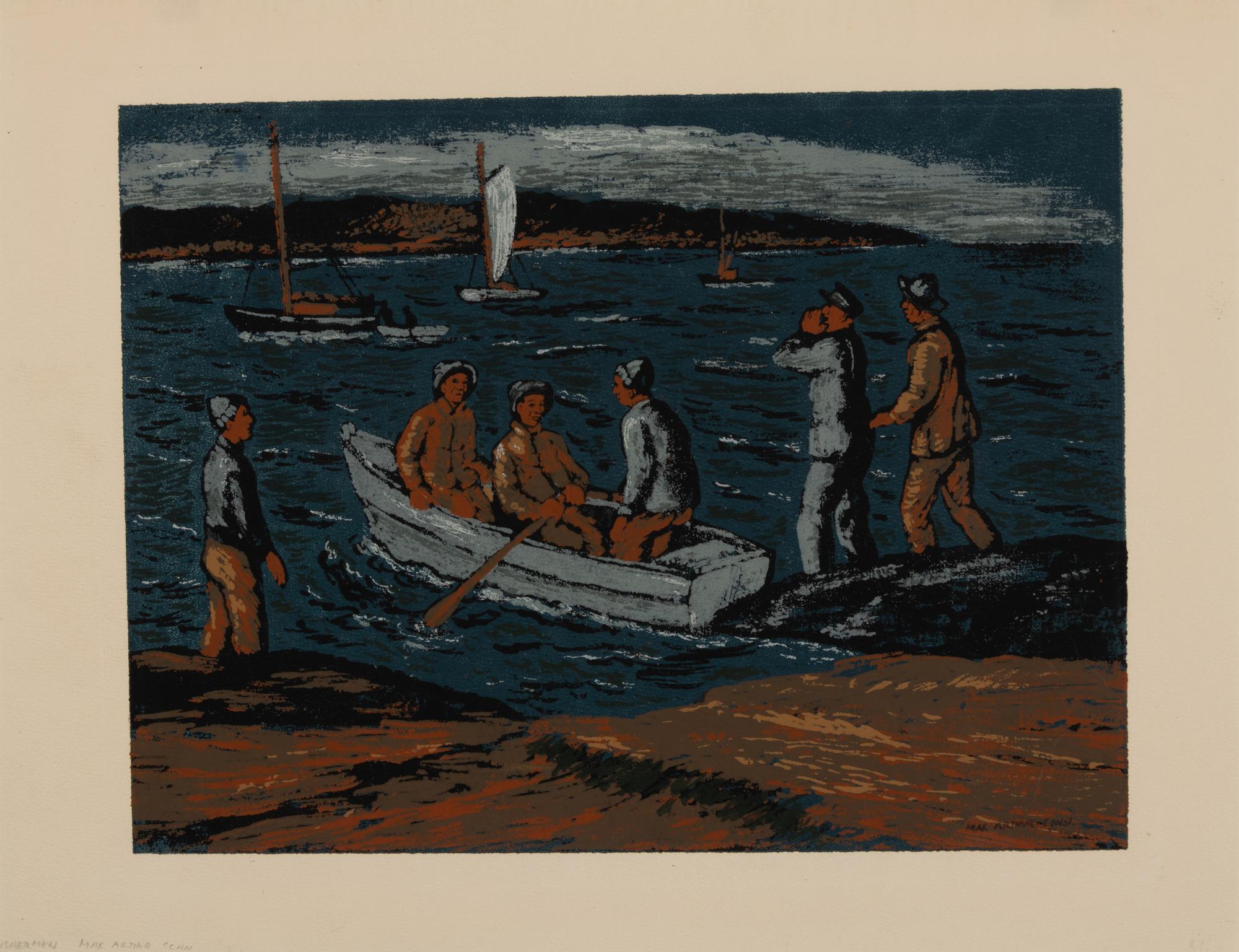 A group of five American prints (Max Arthur Cohn, Fisherman ; Steven Dohanos, The Postman ; Mina Benz Hoffman, The Immigrant ; Charles Wheele Locke, Brooklyn Wharf ; Ethel Magafan, Clothesline )