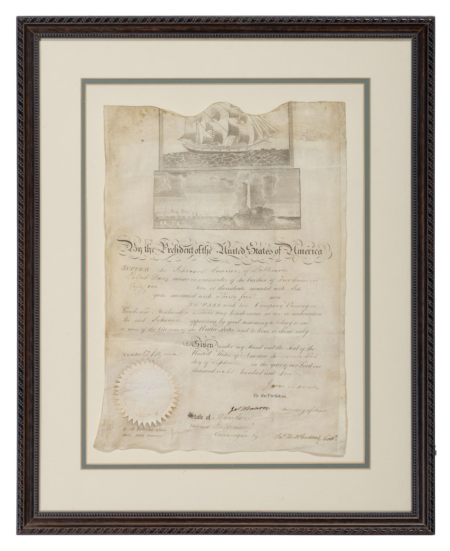MADISON, James (1751-1831). Partly printed document signed ("James Madison"), as President, countersigned by James MONROE (1758-1831), as Secretary of State.
