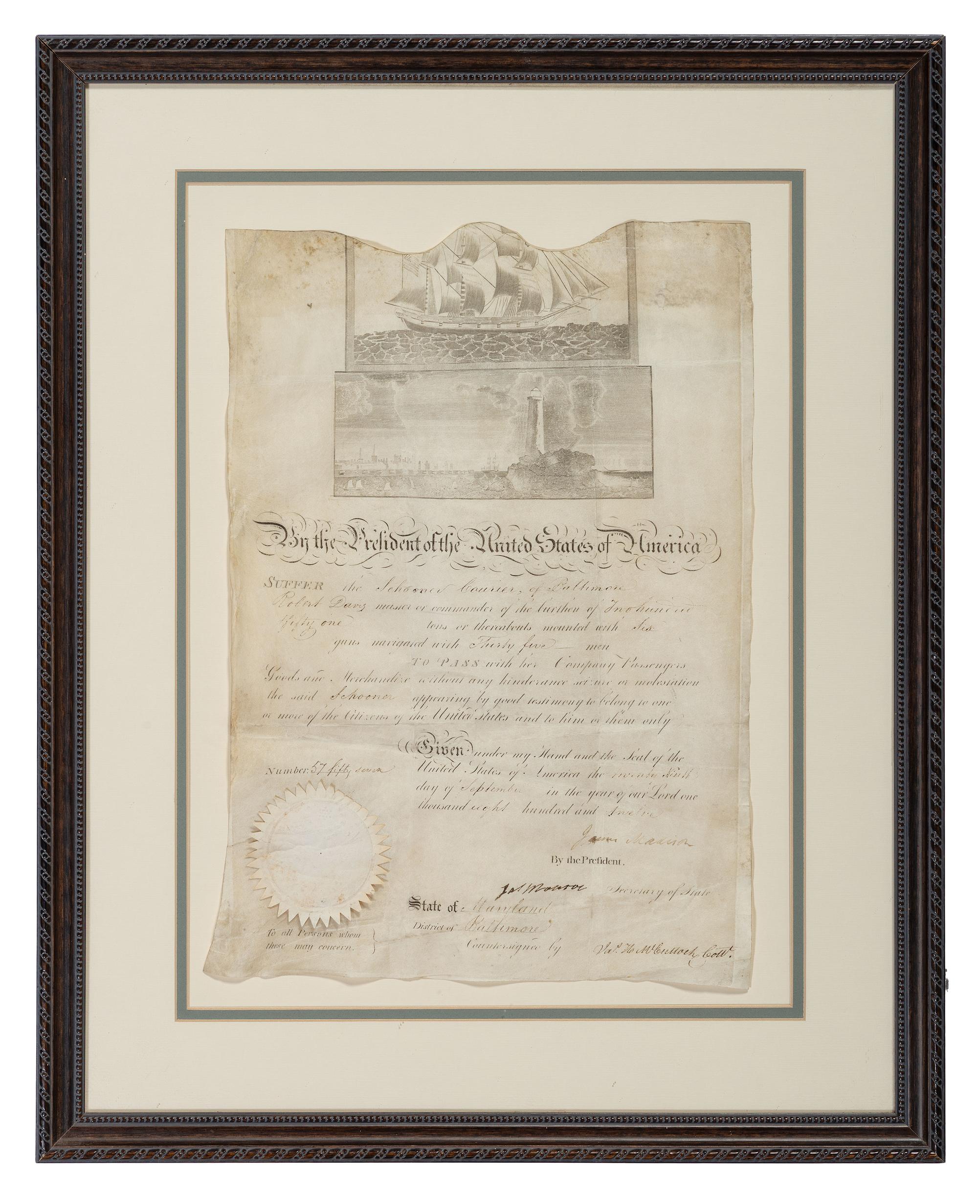 MADISON, James (1751-1831). Partly printed document signed ("James Madison"), as President, countersigned by James MONROE (1758-1831), as Secretary of State.