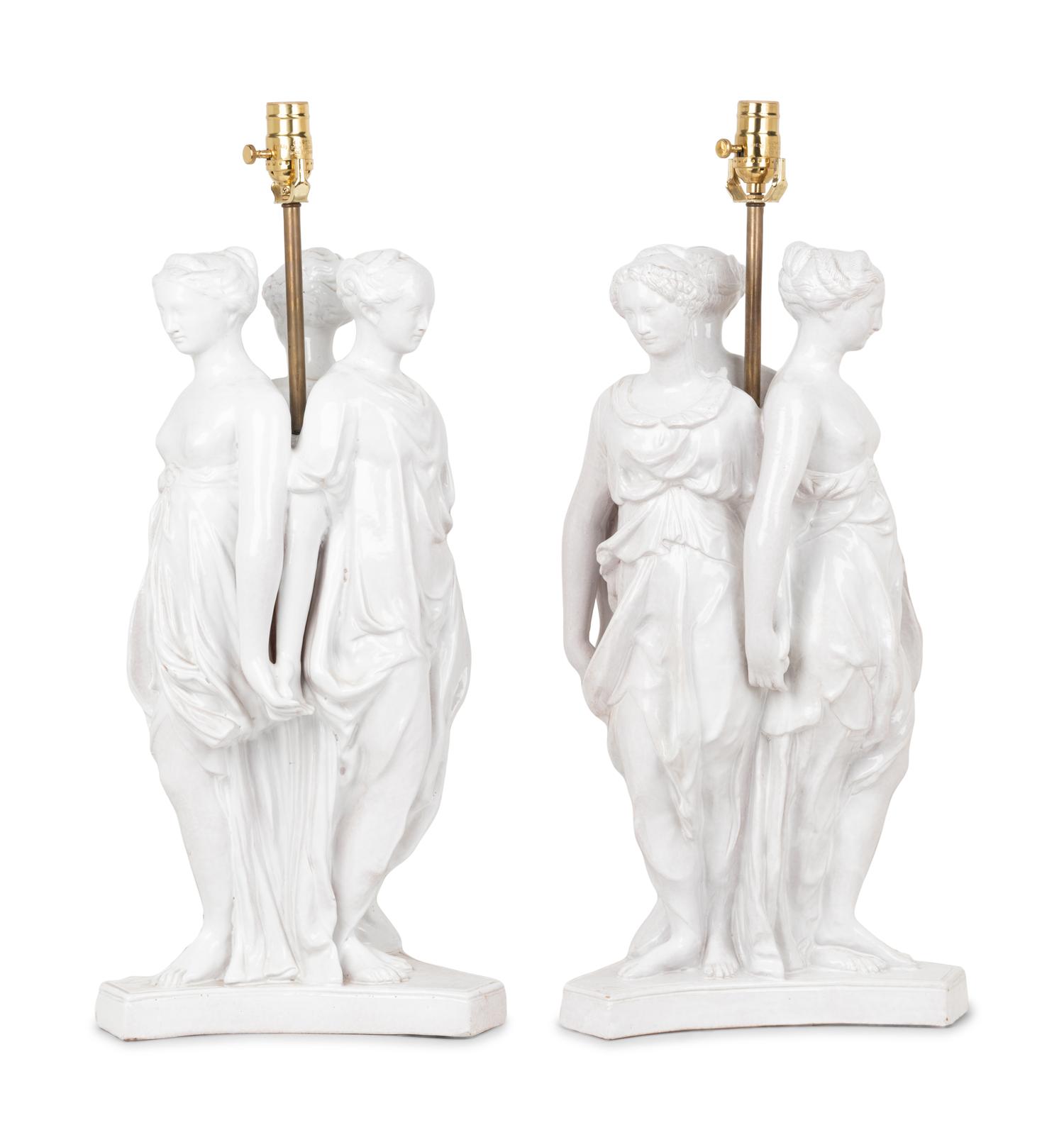 A Pair of Italian White Glazed Pottery Figural Groups After Antonio Canova Mounted as Lamps