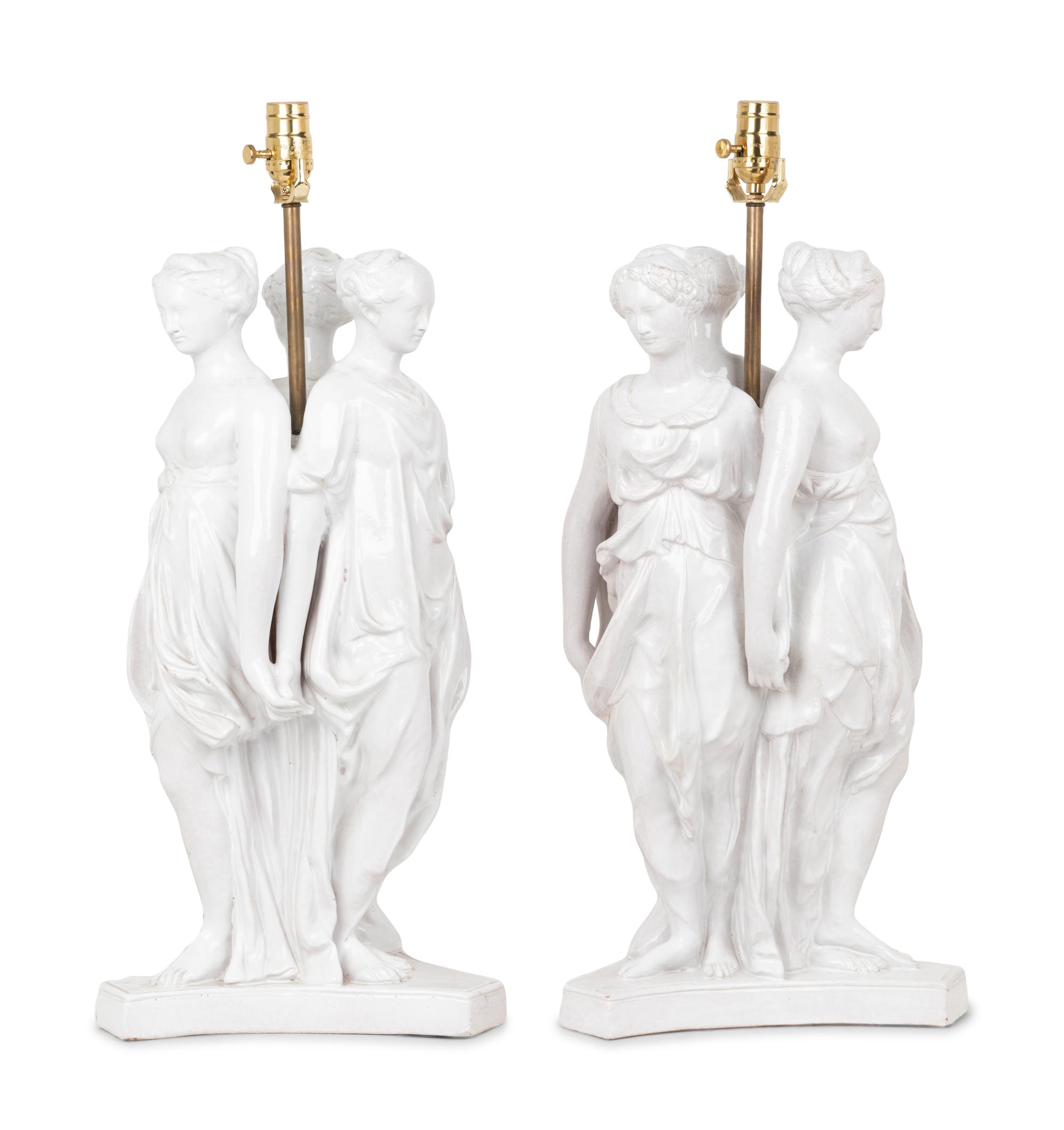A Pair of Italian White Glazed Pottery Figural Groups After Antonio Canova Mounted as Lamps