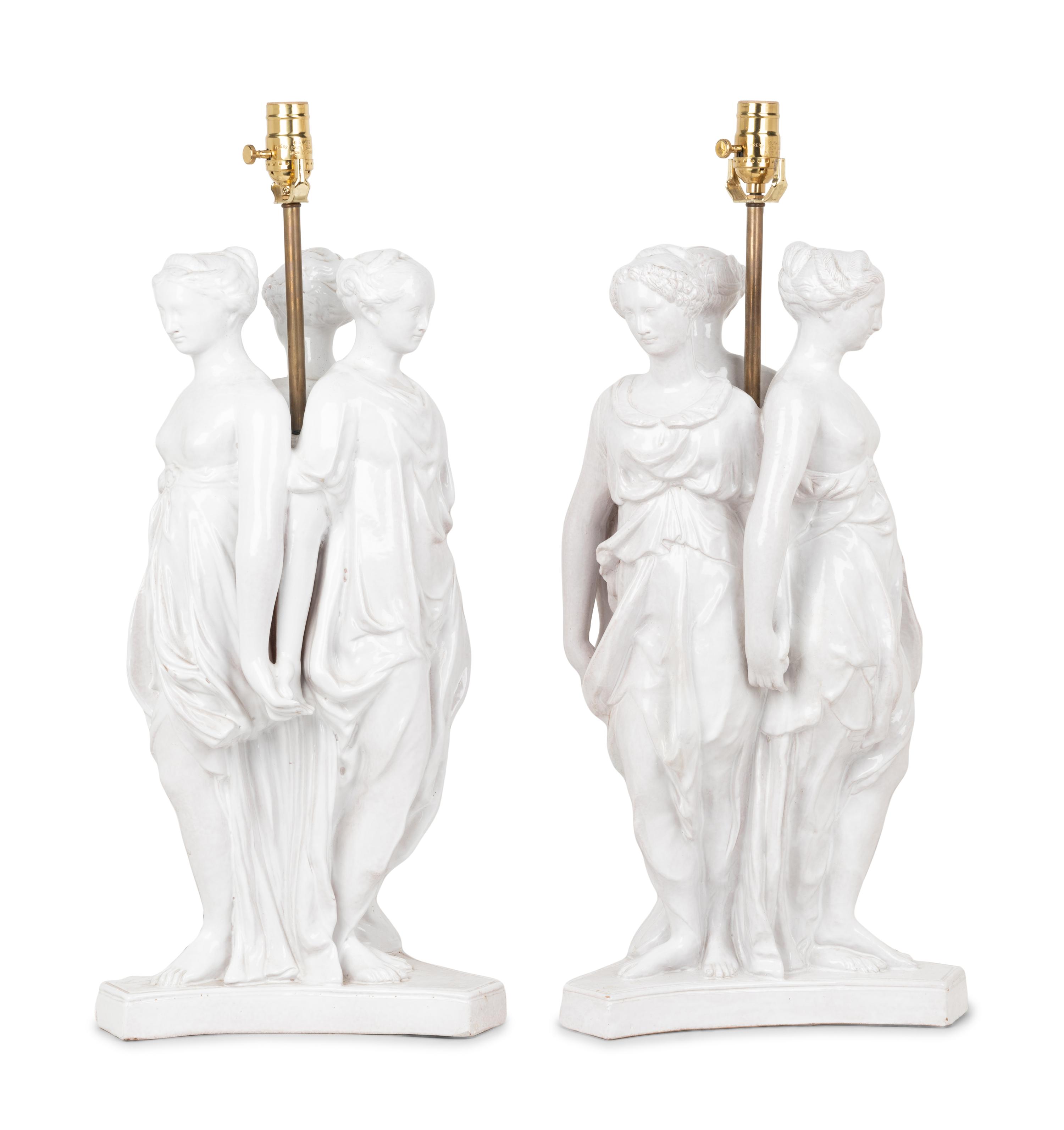 A Pair of Italian White Glazed Pottery Figural Groups After Antonio Canova Mounted as Lamps