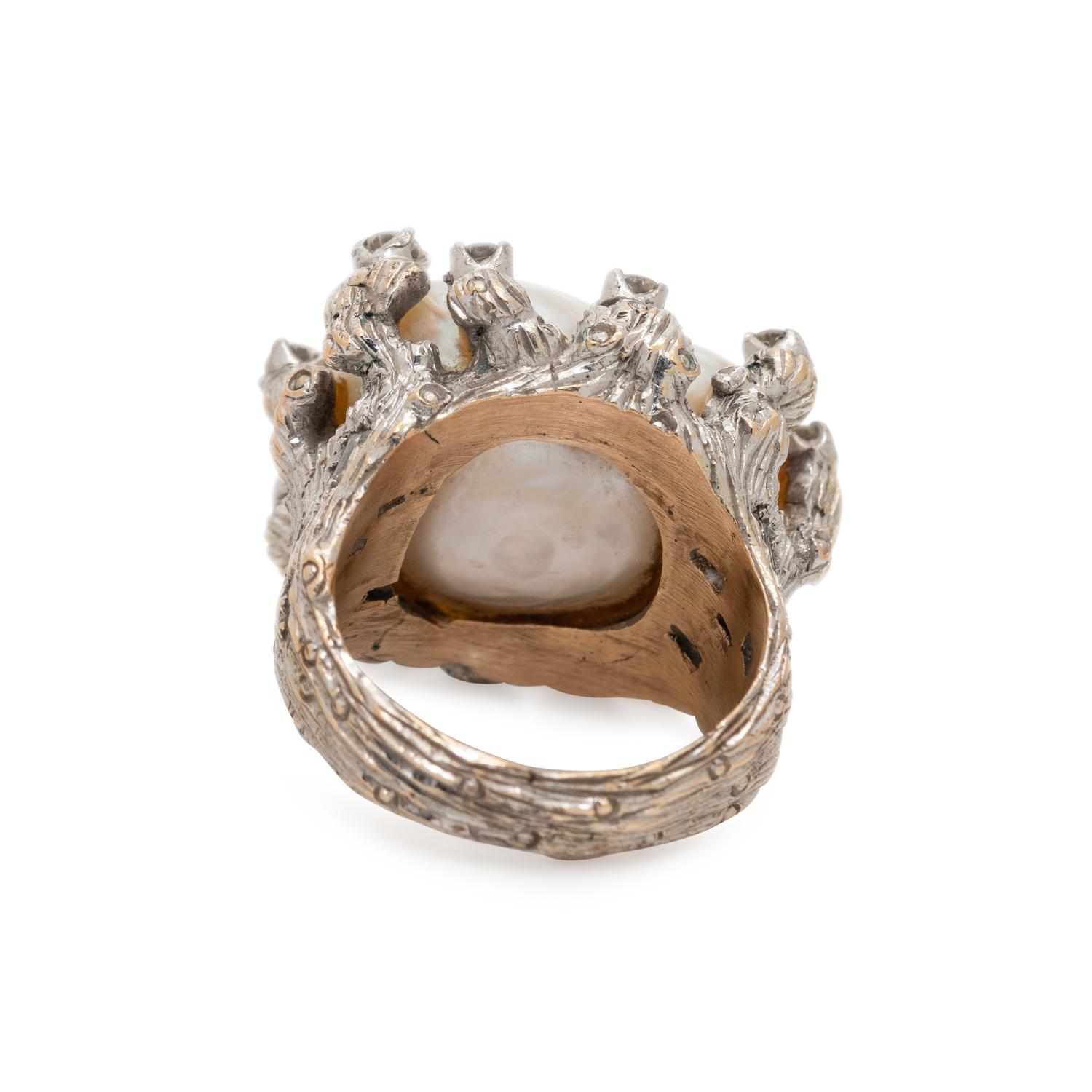 BRUTALIST, CULTURED BAROQUE PEARL AND DIAMOND RING